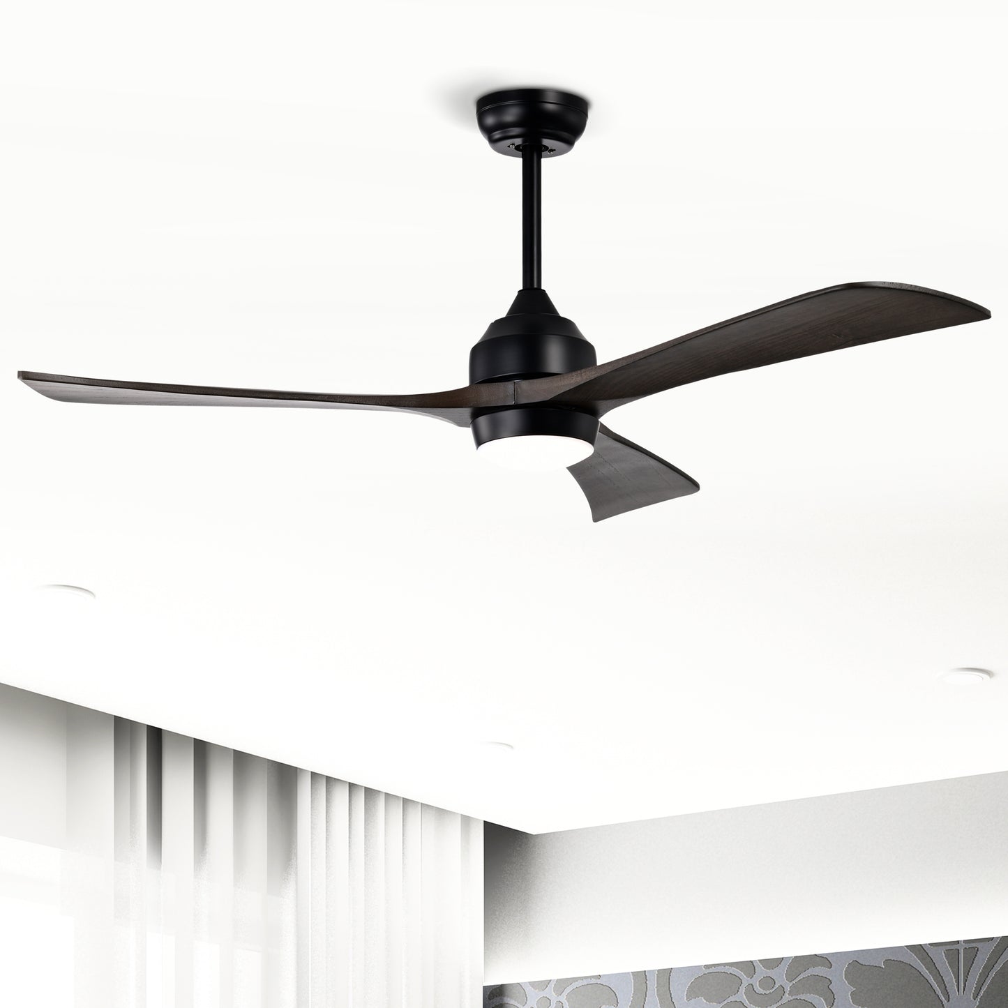 52-Inch Matte Black Solid Wood Ceiling Fan with Lights & Remote Control
