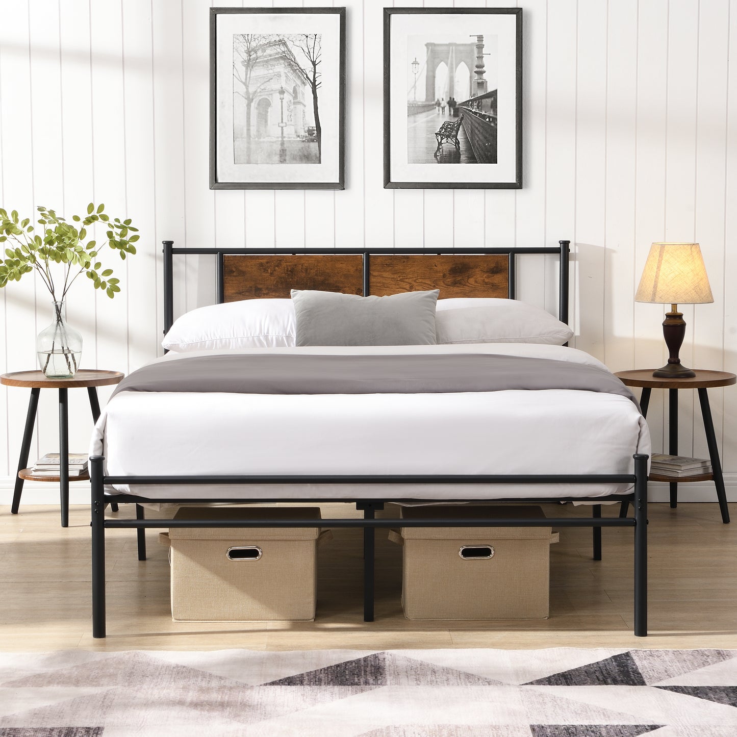 King Size Metal Bed Frame with Wood Panel Headboard - Black & Brown