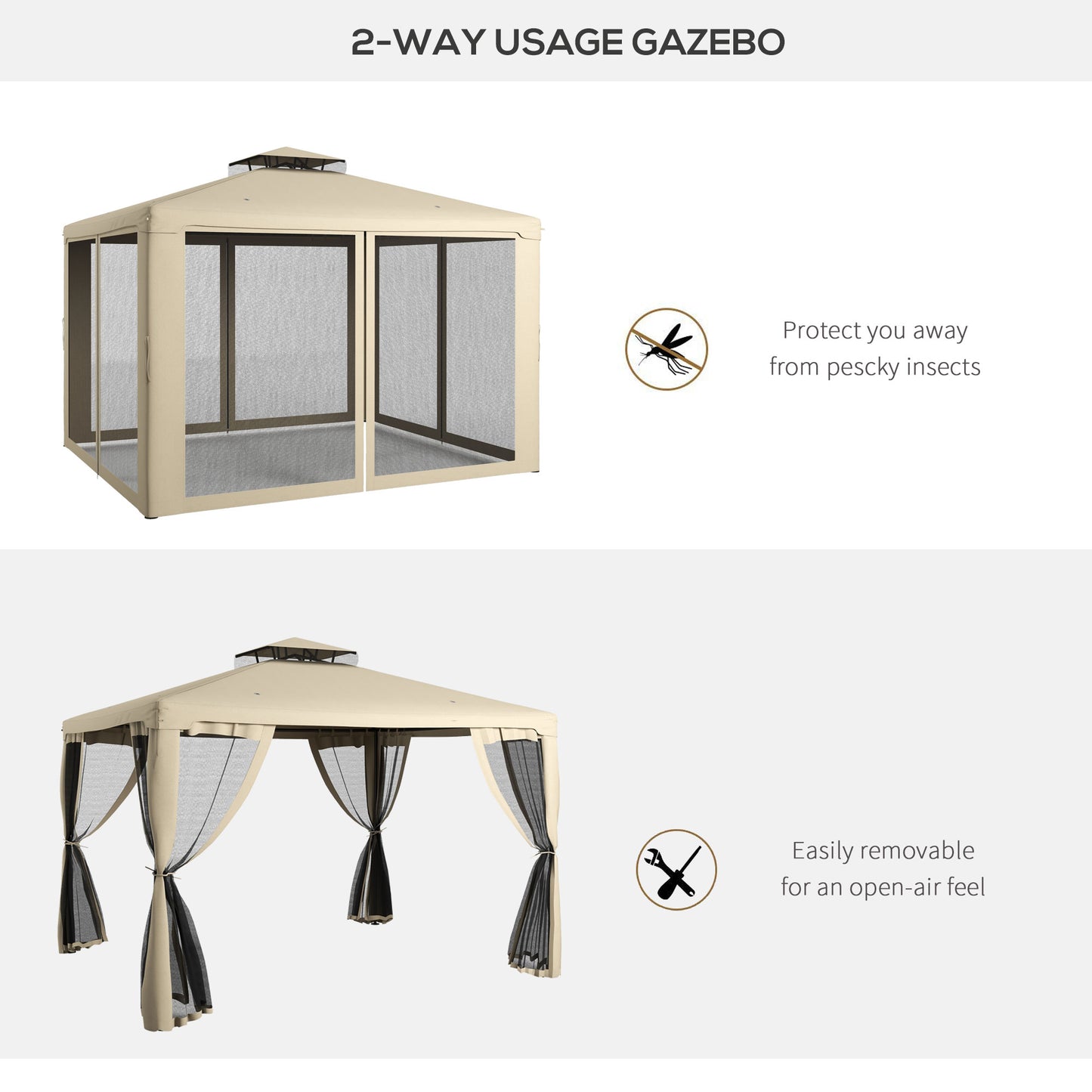 Patio Gazebo Canopy Shelter with 2-Tier Roof & Netting - Taupe