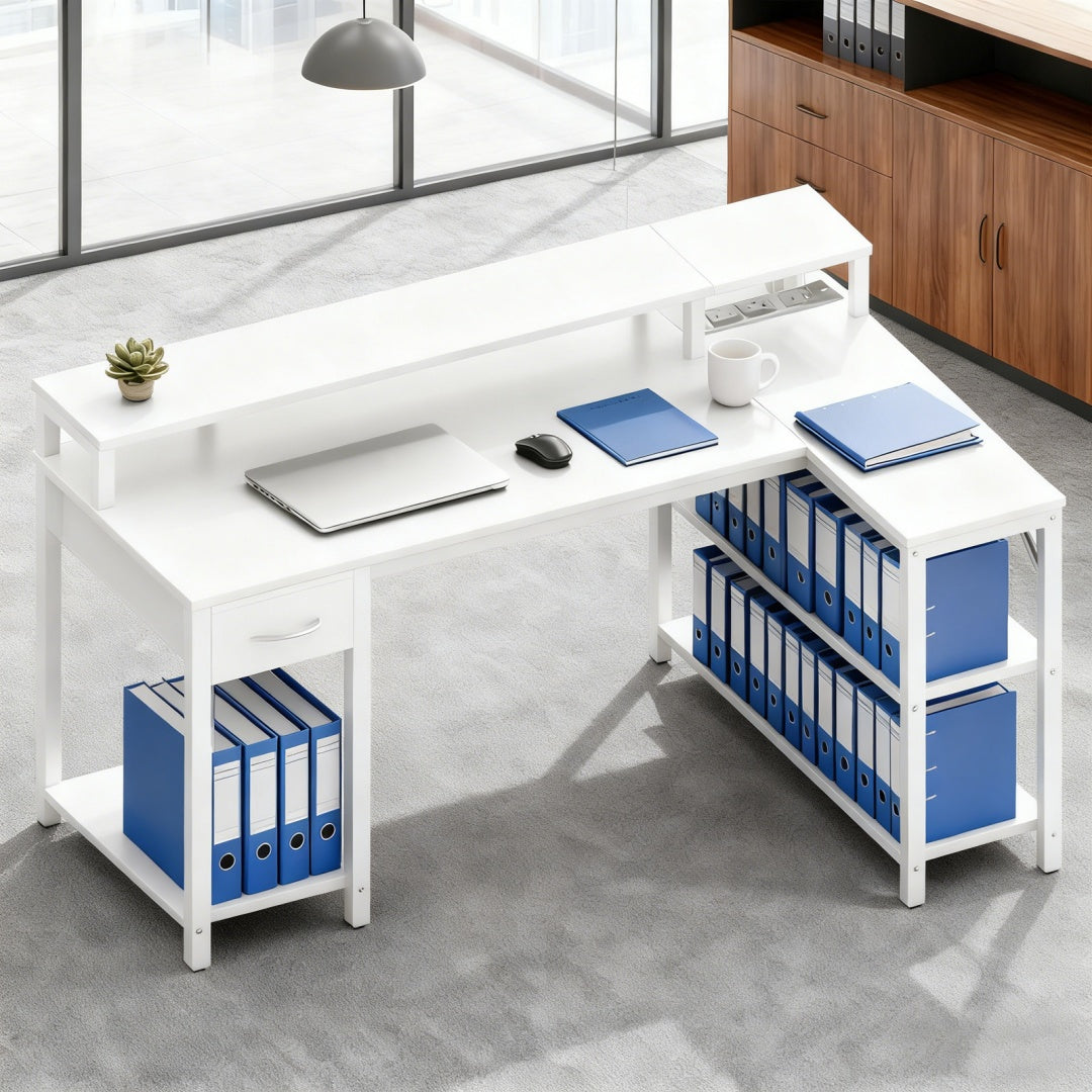 L-Shaped Gaming Table with USB Charging & LED Light