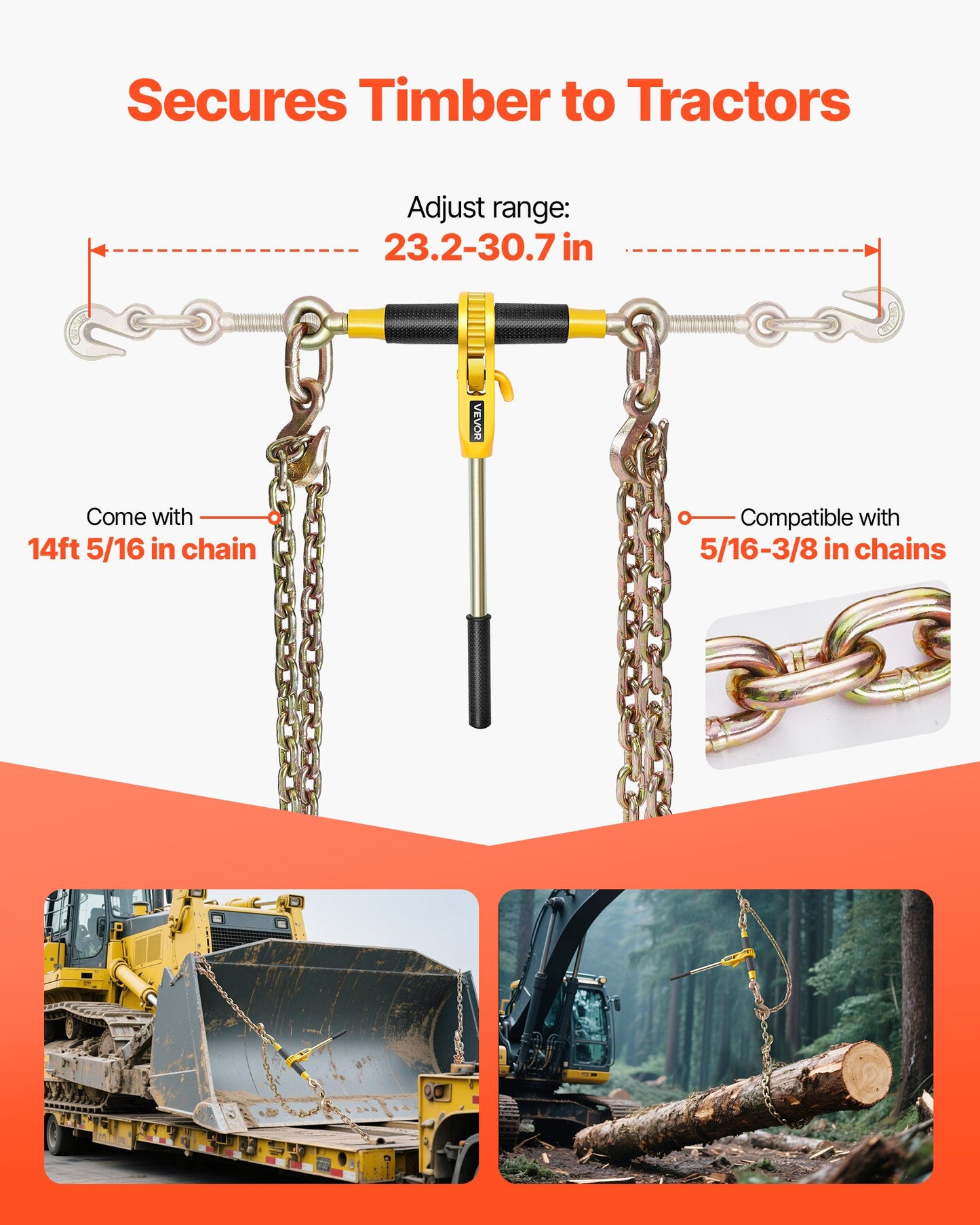 Heavy-Duty Ratchet Load Binder with G80 Chain - 8,000 lbs Capacity, Black