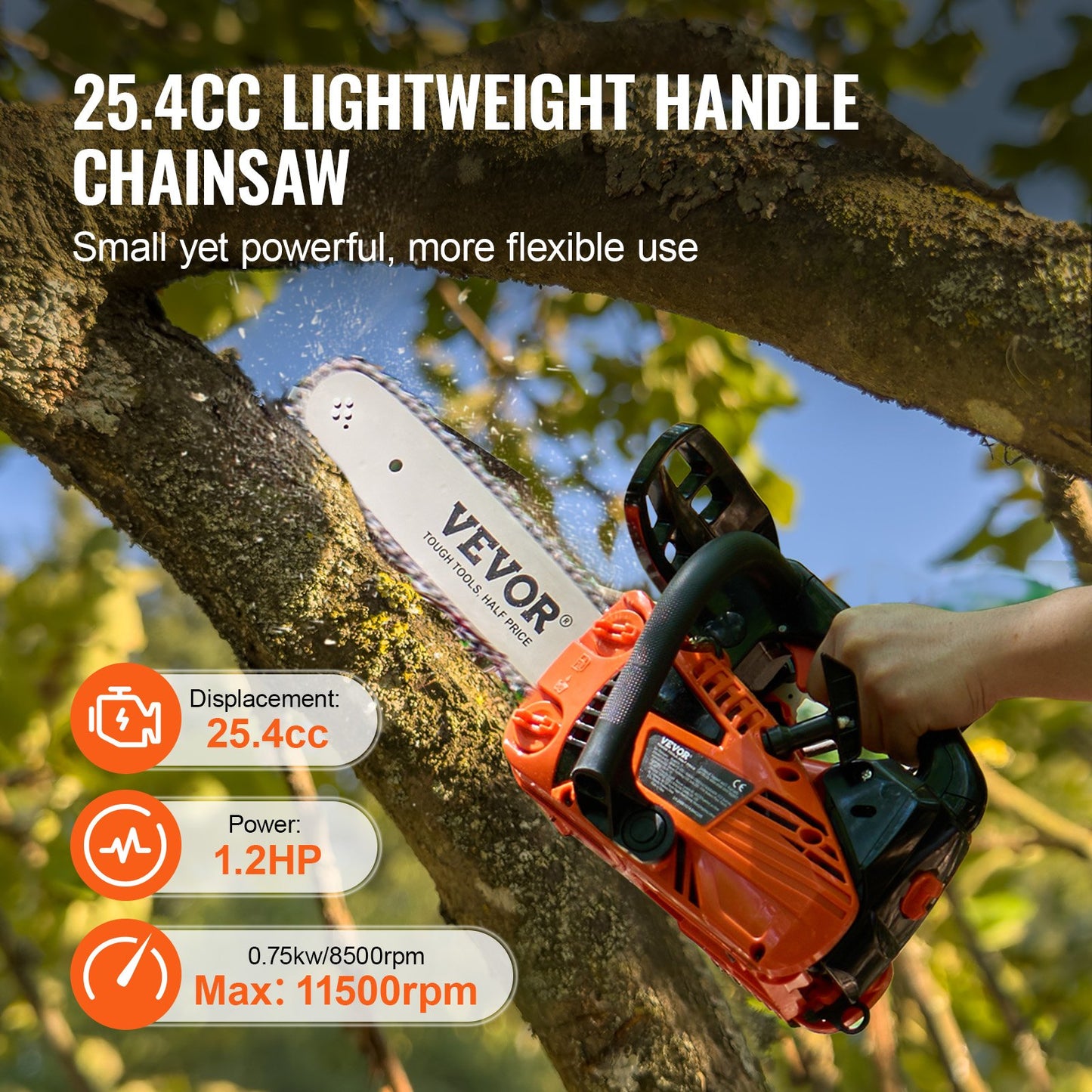 Gasoline Chainsaw 12-Inch 25.4CC Power Wood Cutting Tool - Multicolor