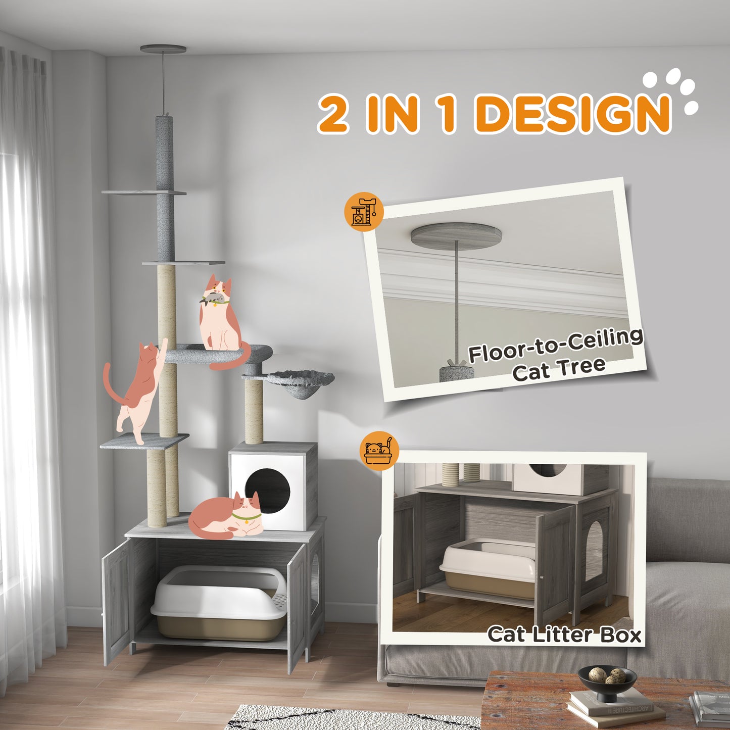 2-in-1 Cat Tree with Enclosed Litter Box, Condo, Hammock & Shelves - Gray