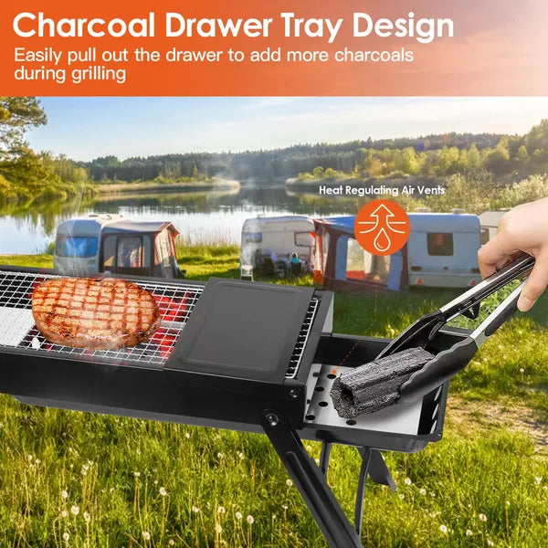 Portable Charcoal BBQ Grill with Shelf - Stainless Steel, Easy Setup