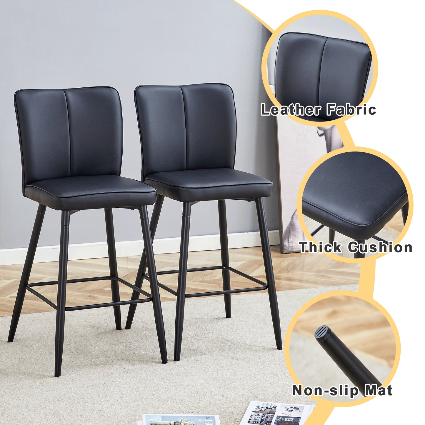 Modern Black PU Bar Chair Set - Two Pieces, The Backrest Has A