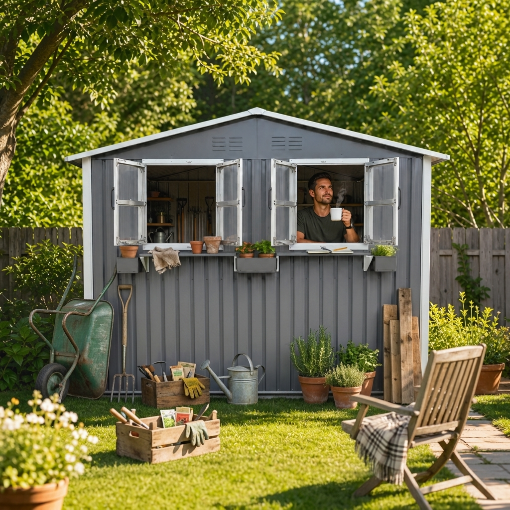 9x6 FT Outdoor Metal Garden Shed with Window & Flower Rack