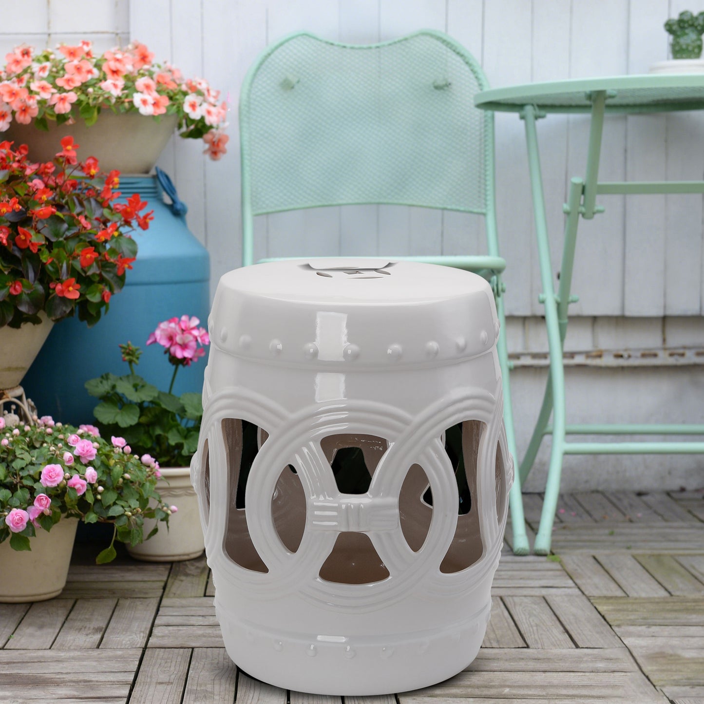 Ceramic Garden Stool - Boho Chic Design, White, 14" x 17"