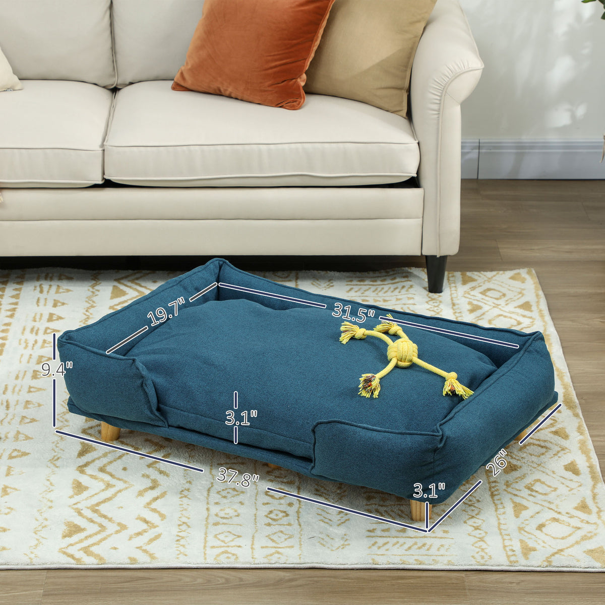 Large Dog Couch Bed with Cushion & Pine Wood Legs - Dark Blue