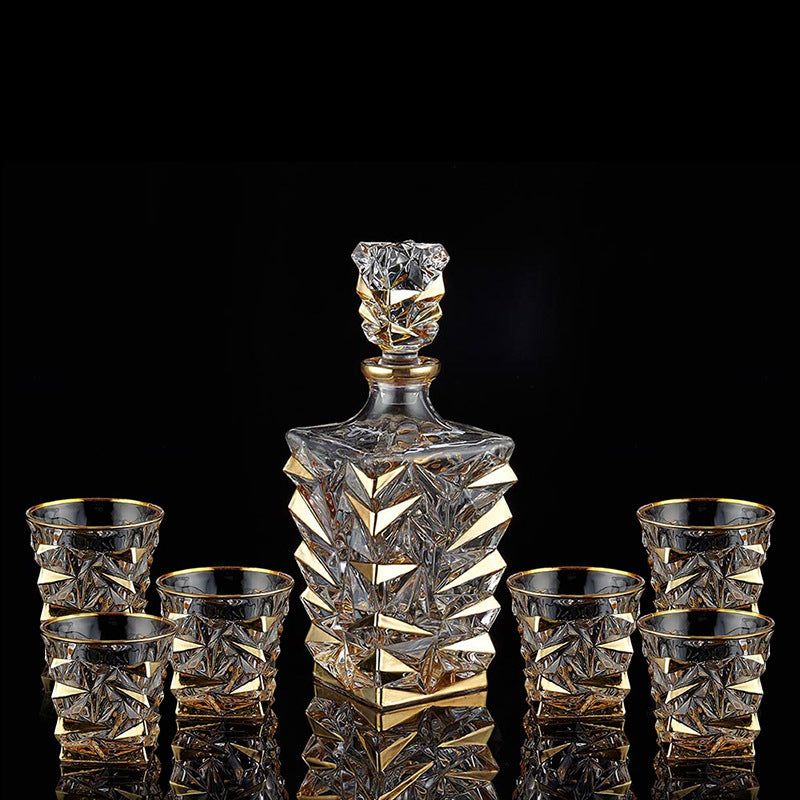 Crystal Whisky Glass Set - Home Bar Drinkware with Gilded Pattern