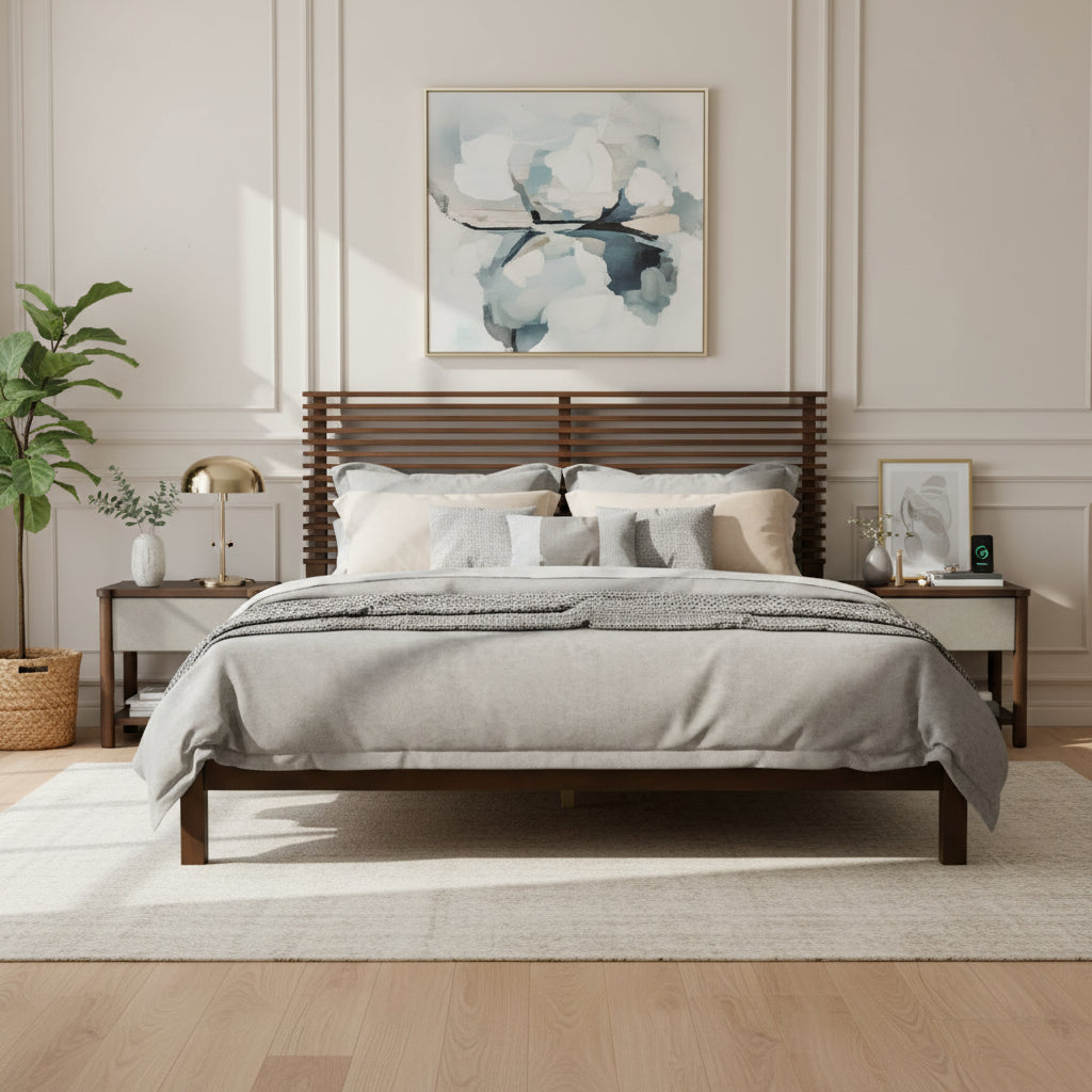 Premium Solid Wood Queen Size Platform Bed Frame With Horizontal Slat