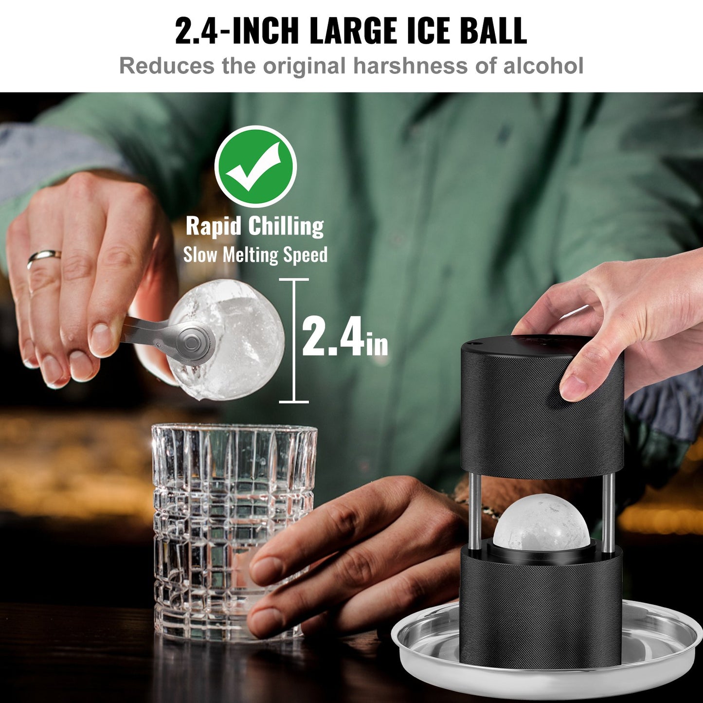 Ice Ball Maker - 2.4-Inch Press Kit with Tong & Tray - Black