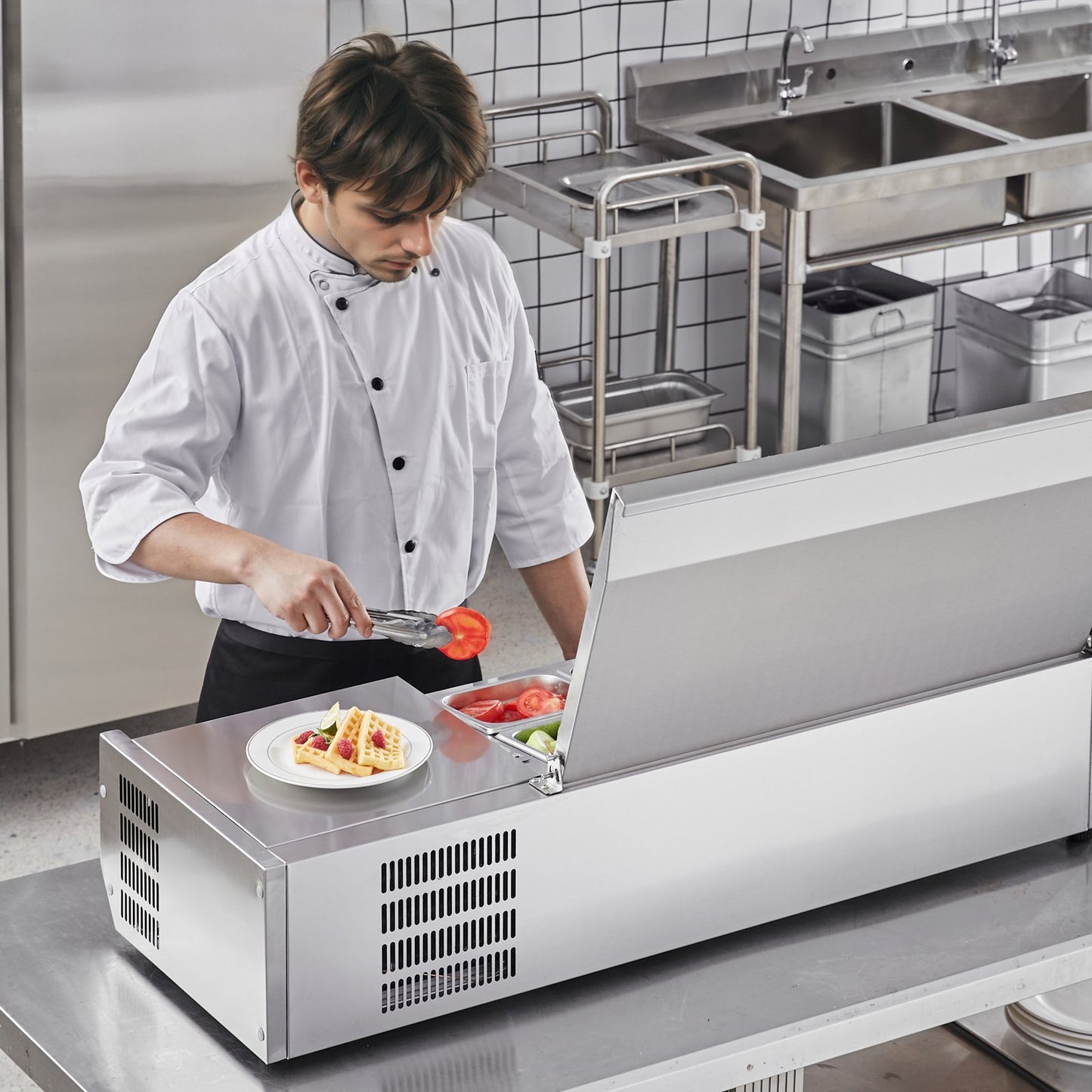 Refrigerated Condiment Prep Station 135W Countertop Food Cooler with Pans