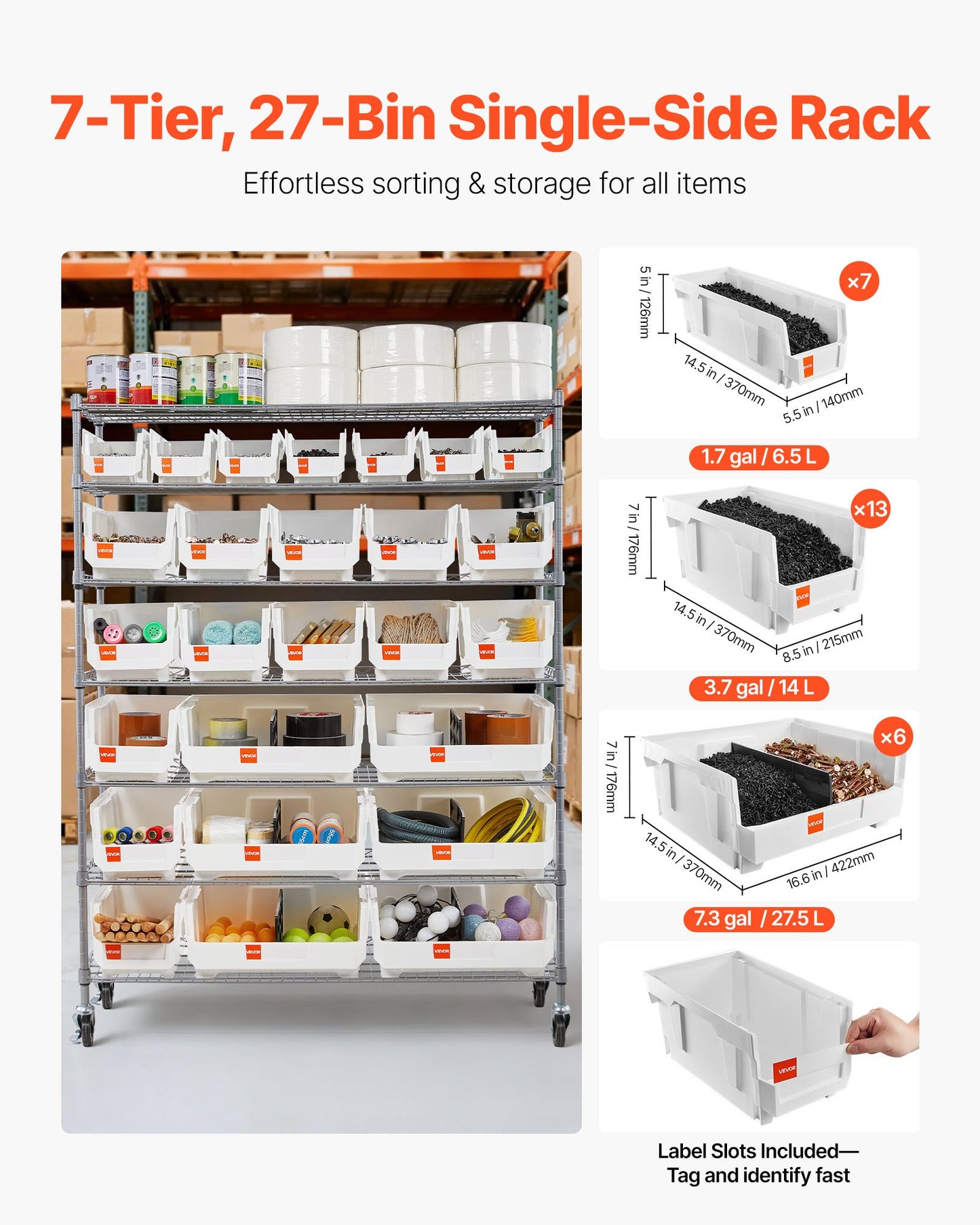 7-Tier Rolling Storage Rack with 26 Bins - Mobile Steel Wire Shelving System for Garage and Warehouse