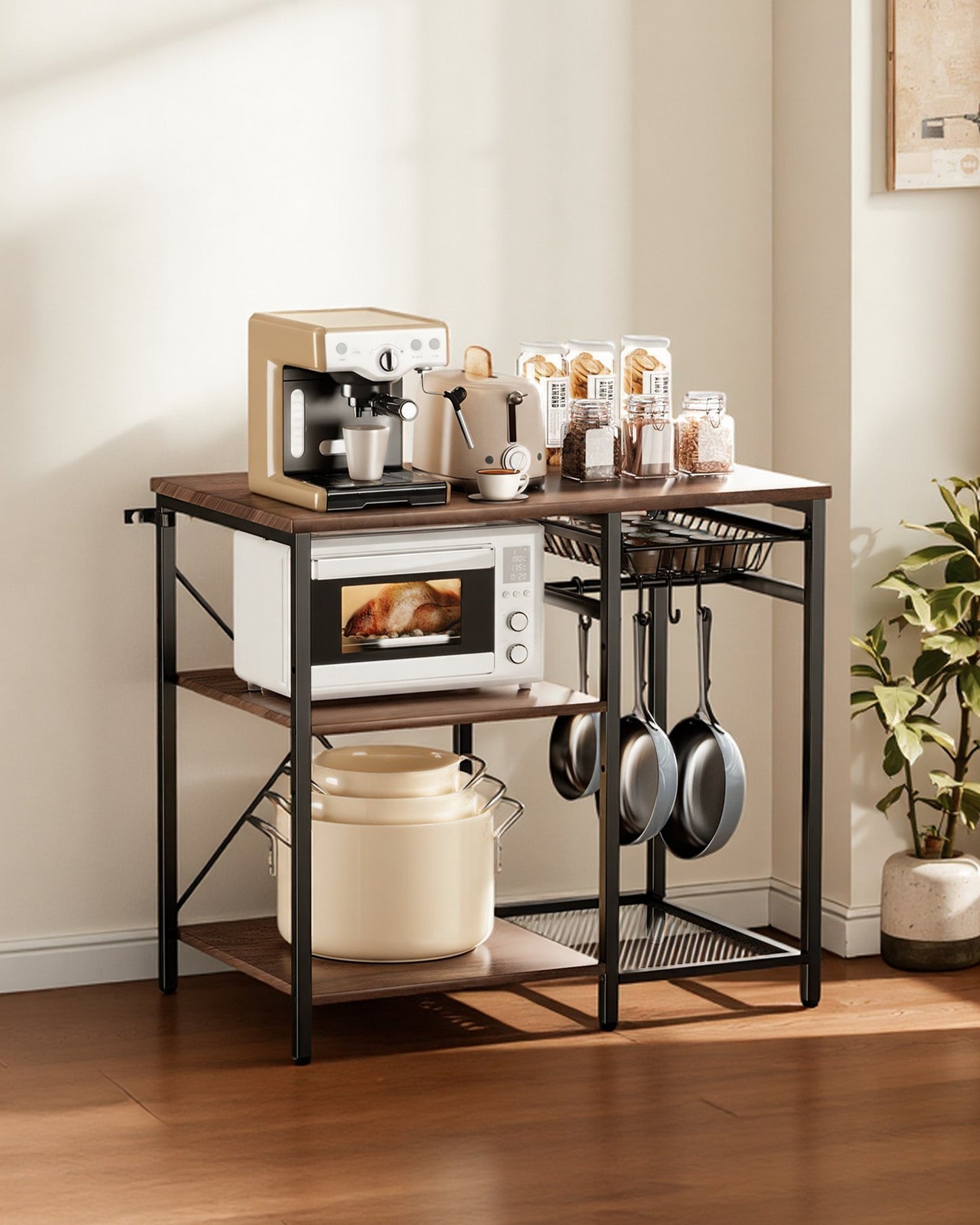 Black Kitchen Bakers Rack with Multi-Layer Storage and Hooks - 35.4 Inch Wide