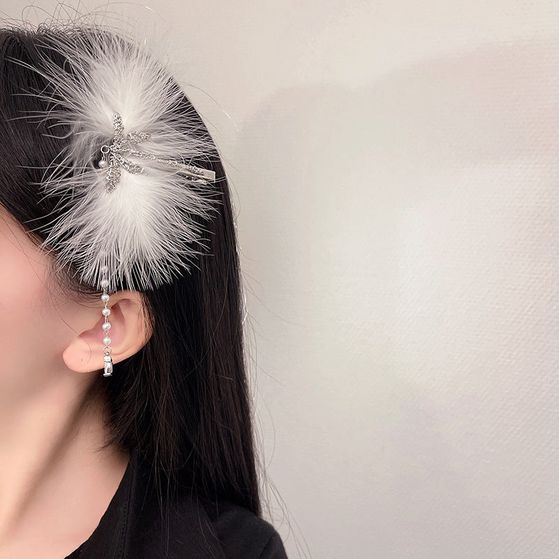 Feather Hairpin with Pearl Tassel - Duck Beak Clip