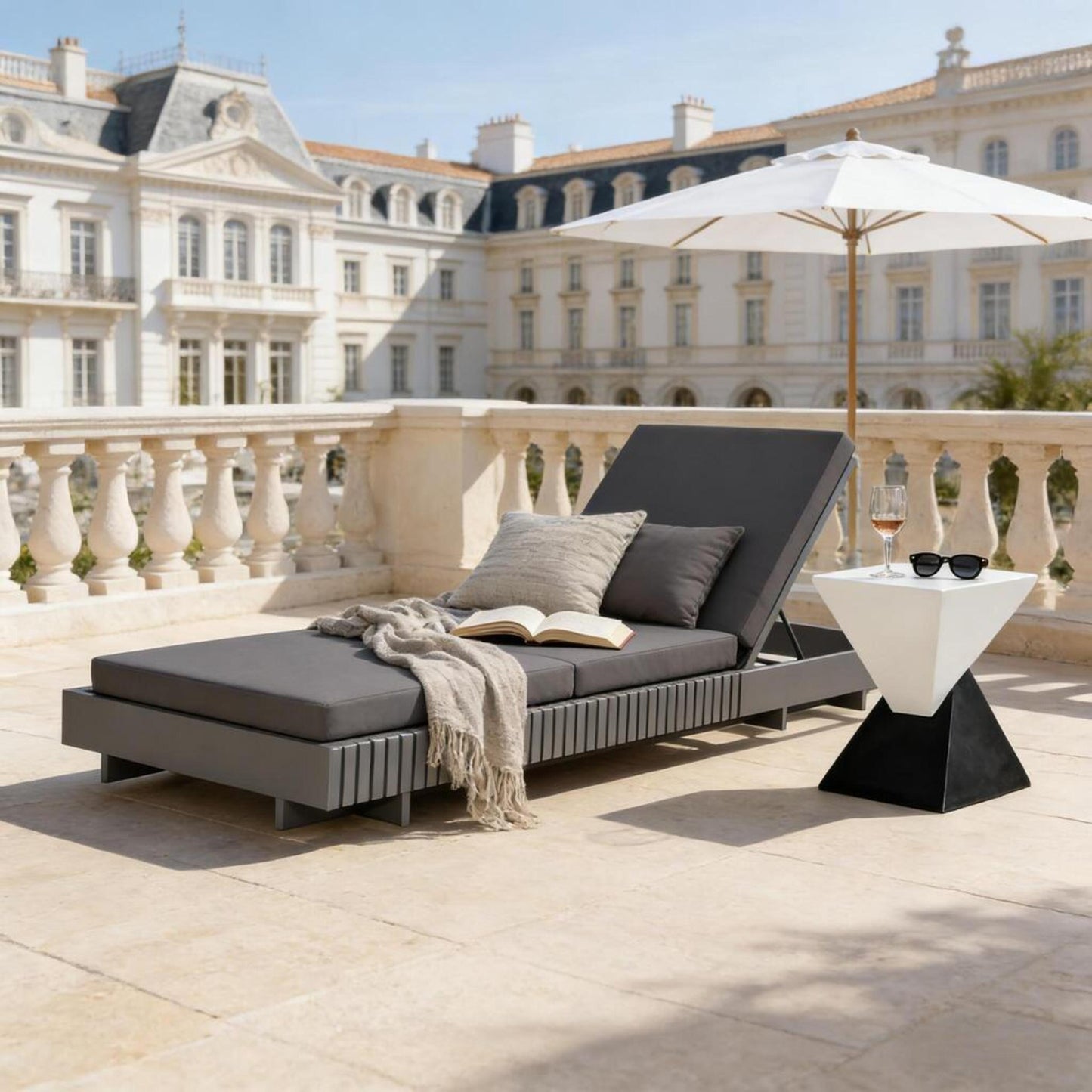 Outdoor Chaise Lounge - Dark Grey Acacia Wood with Cushion