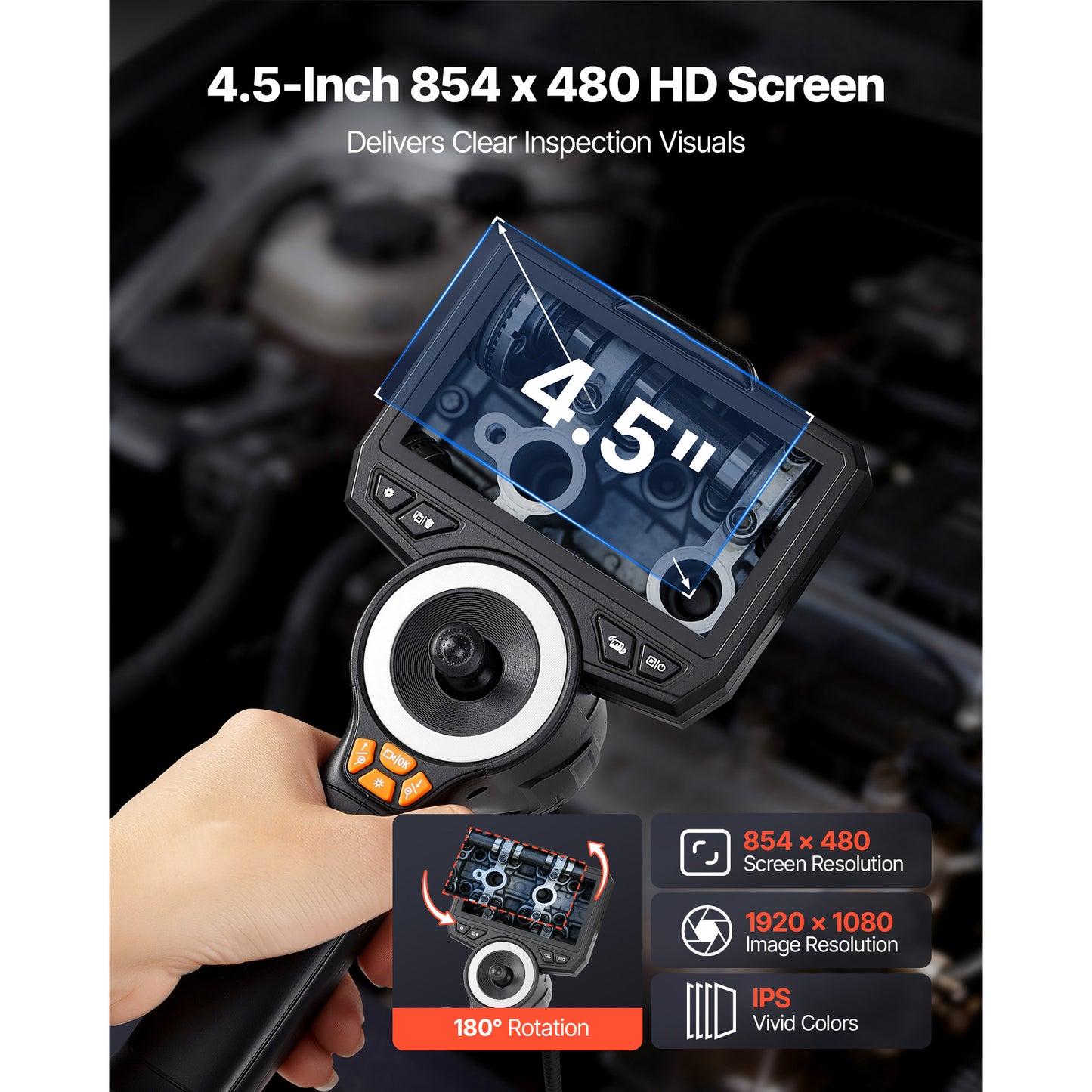 Articulating Endoscope Camera with Light and 4-Way Borescope, 1080p Slim Lens, 8X Zoom Inspection Tool for Auto & Mechanical Repair
