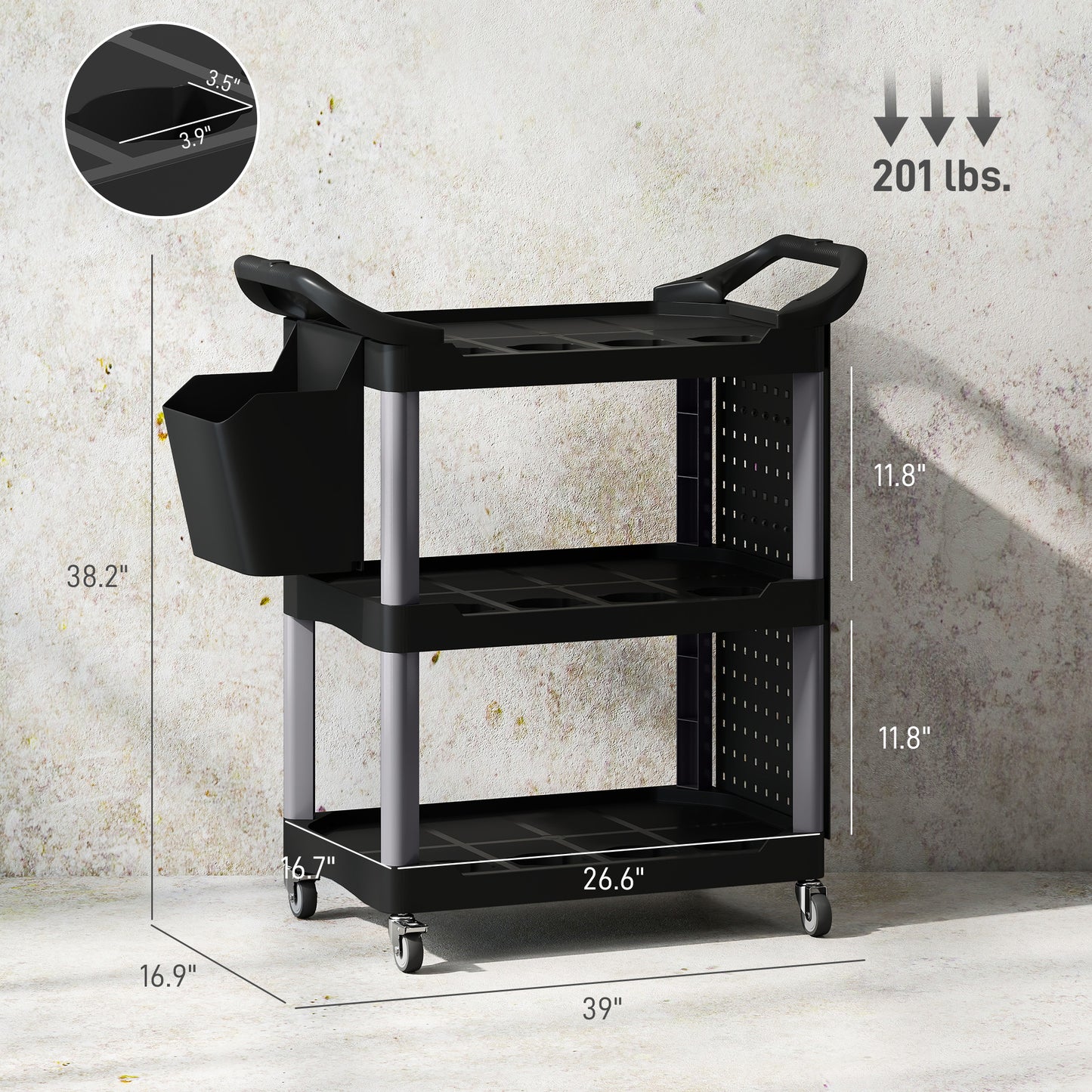 3-Tier Rolling Tool Cart - 200 LBS Capacity, Plastic Utility Cart