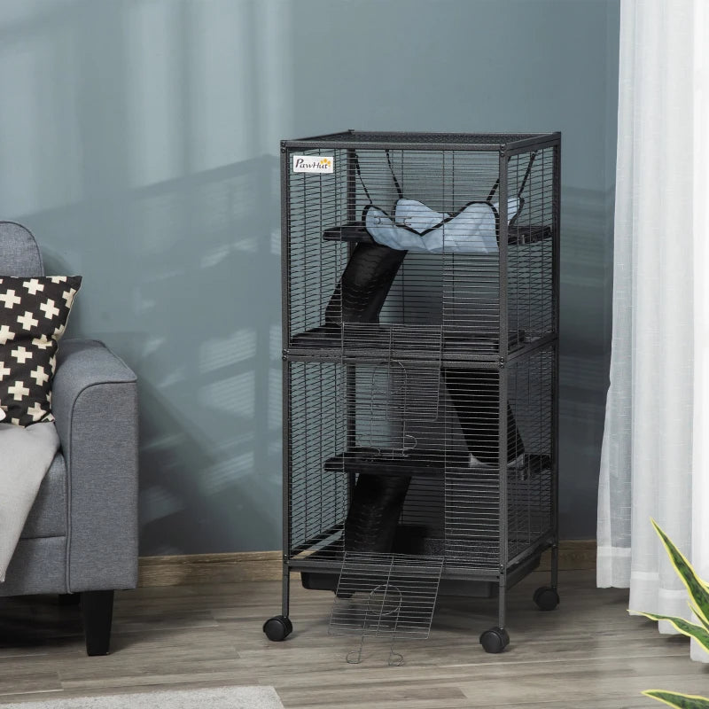 Small Animal Cage with Wheels, Multi-Tier Ferret and Chinchilla Habitat - Gray