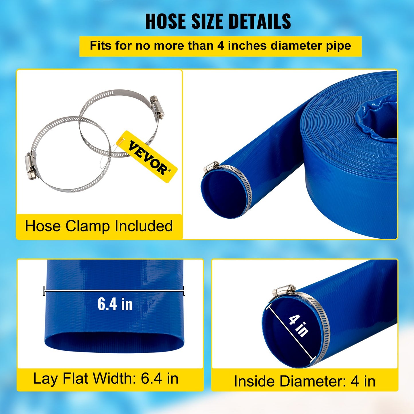 Heavy-Duty PVC Discharge Hose 4' x 105' for Pool & Water Transfer - Blue