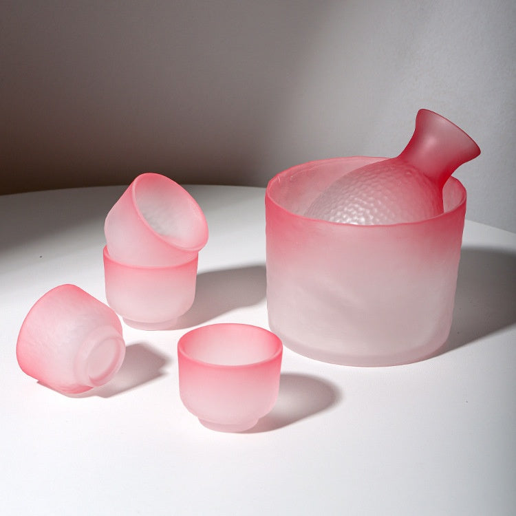 Ceramic Sake Set with Cups and Bottle - Frosted Pink Minimalist Drinkware
