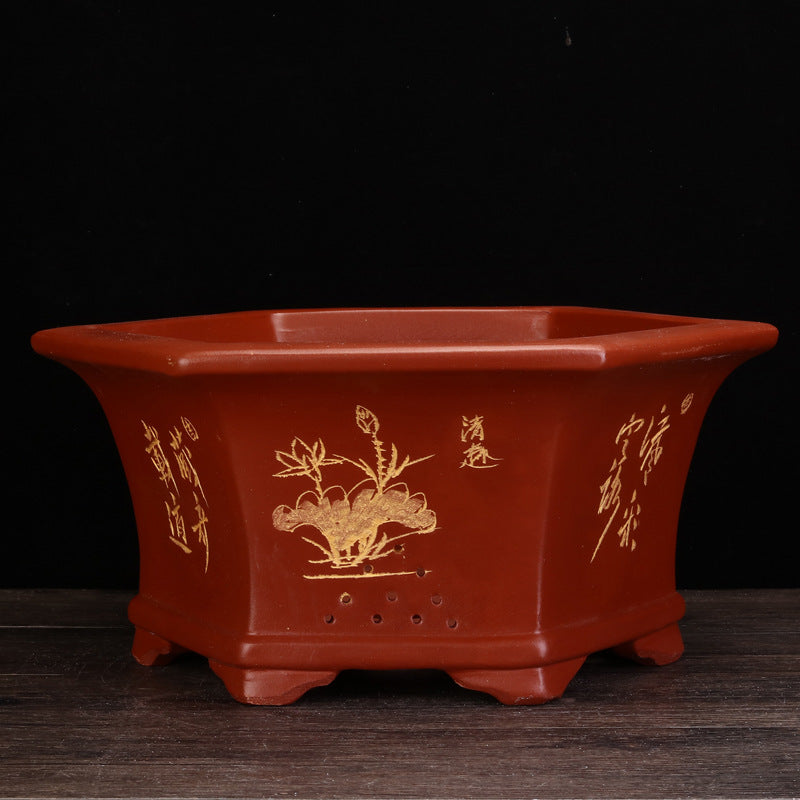 Large Hexagonal Flowerpot for Bonsai and Indoor Gardening - Handmade Ceramic Planter