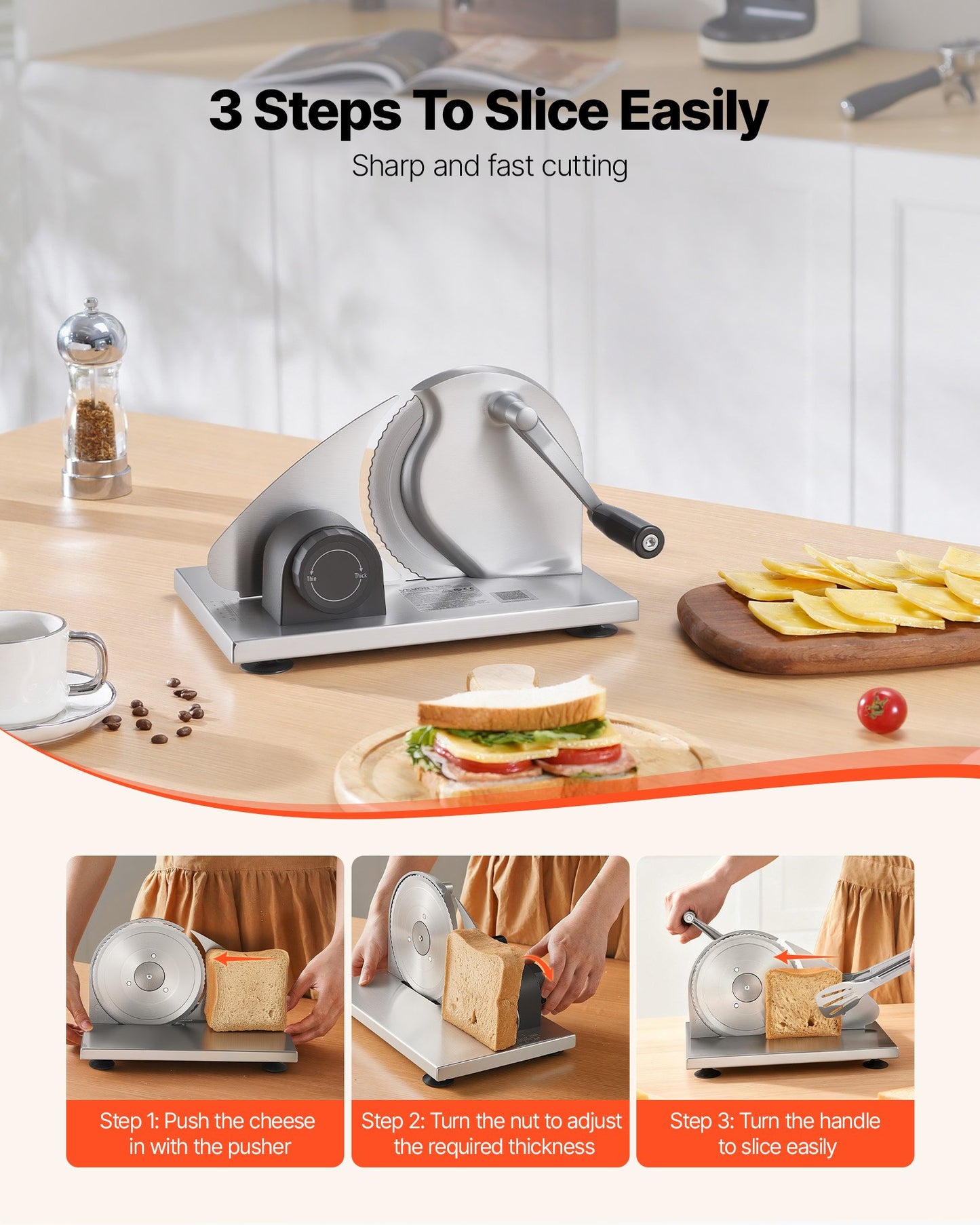 Manual Bread & Cheese Slicer with Adjustable Thickness Stainless Steel Blade - Black