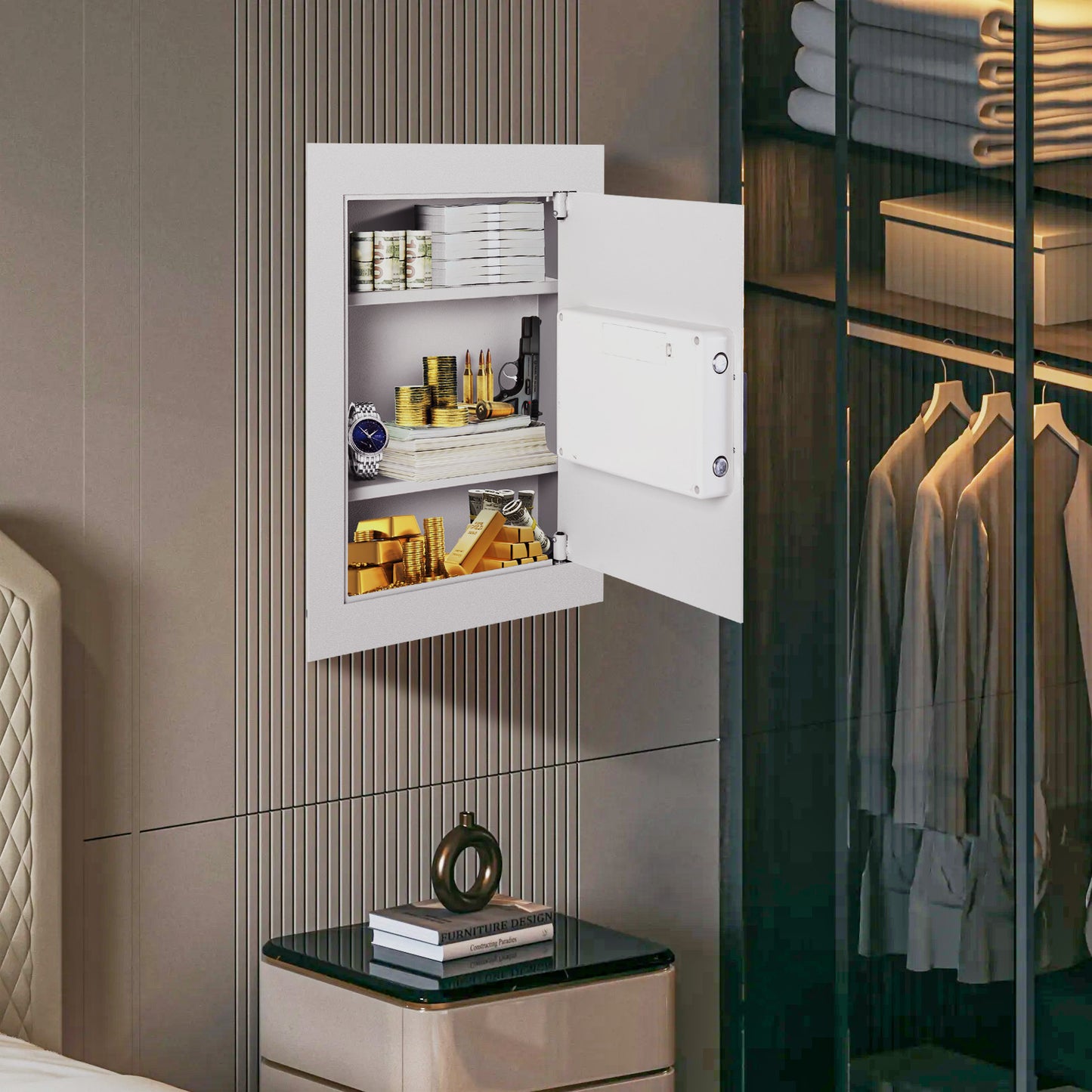 Recessed Wall Safe - Digital Lock Security Gun Cash Box - White