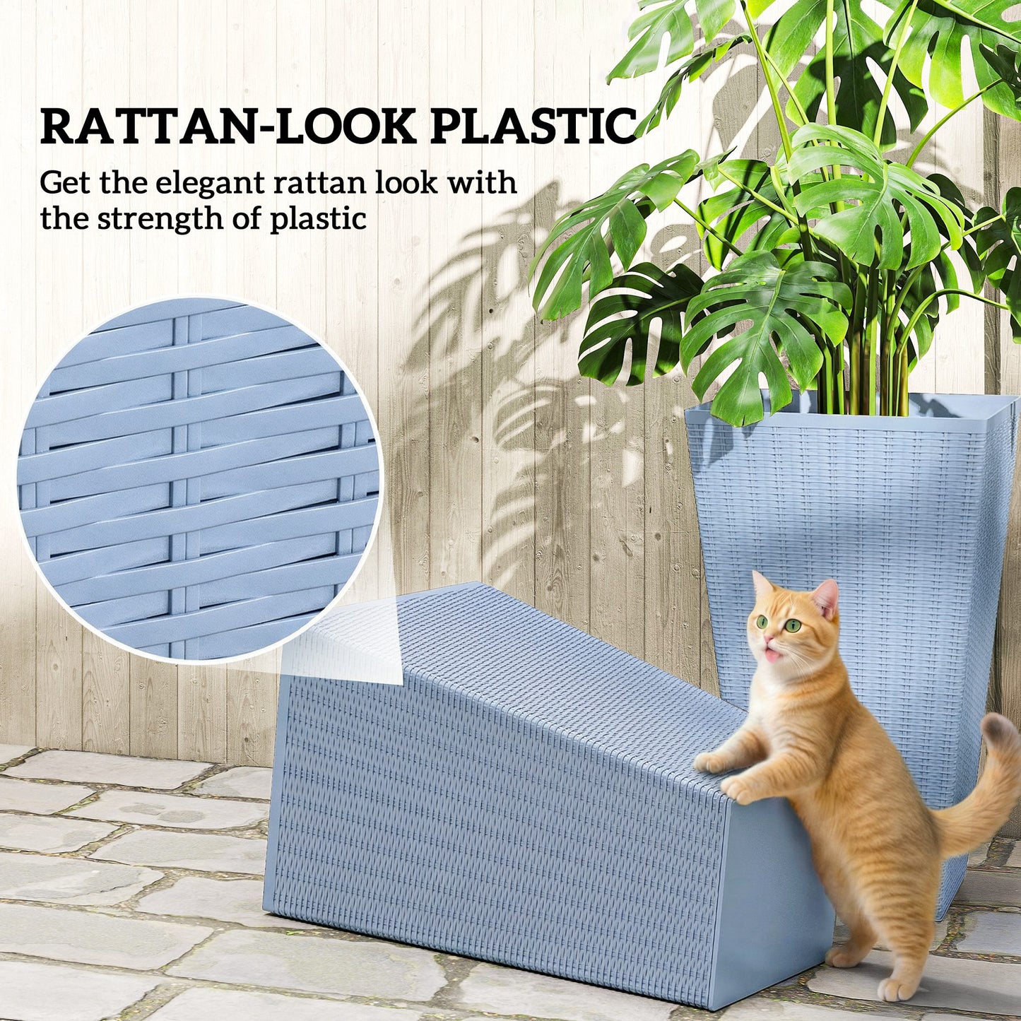 Tall Outdoor Plant Planters Set of 3 - 24 Inch Rattan-Style Flower Pots with Drainage Holes, Light Gray