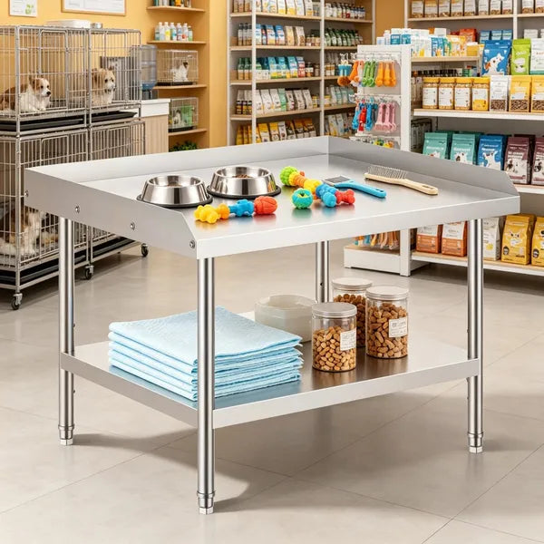 Sleek Metal Work Table With Easy To Clean And Adjustable Shelves For