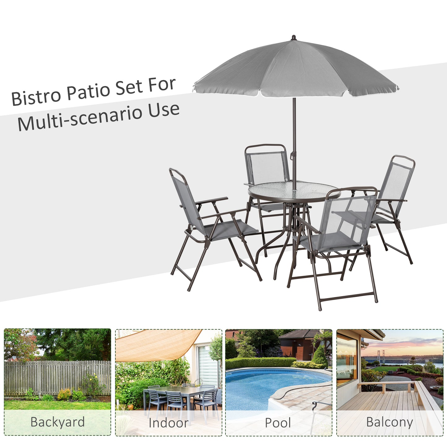 6-Piece Outdoor Dining Set for 4 with Umbrella - Gray
