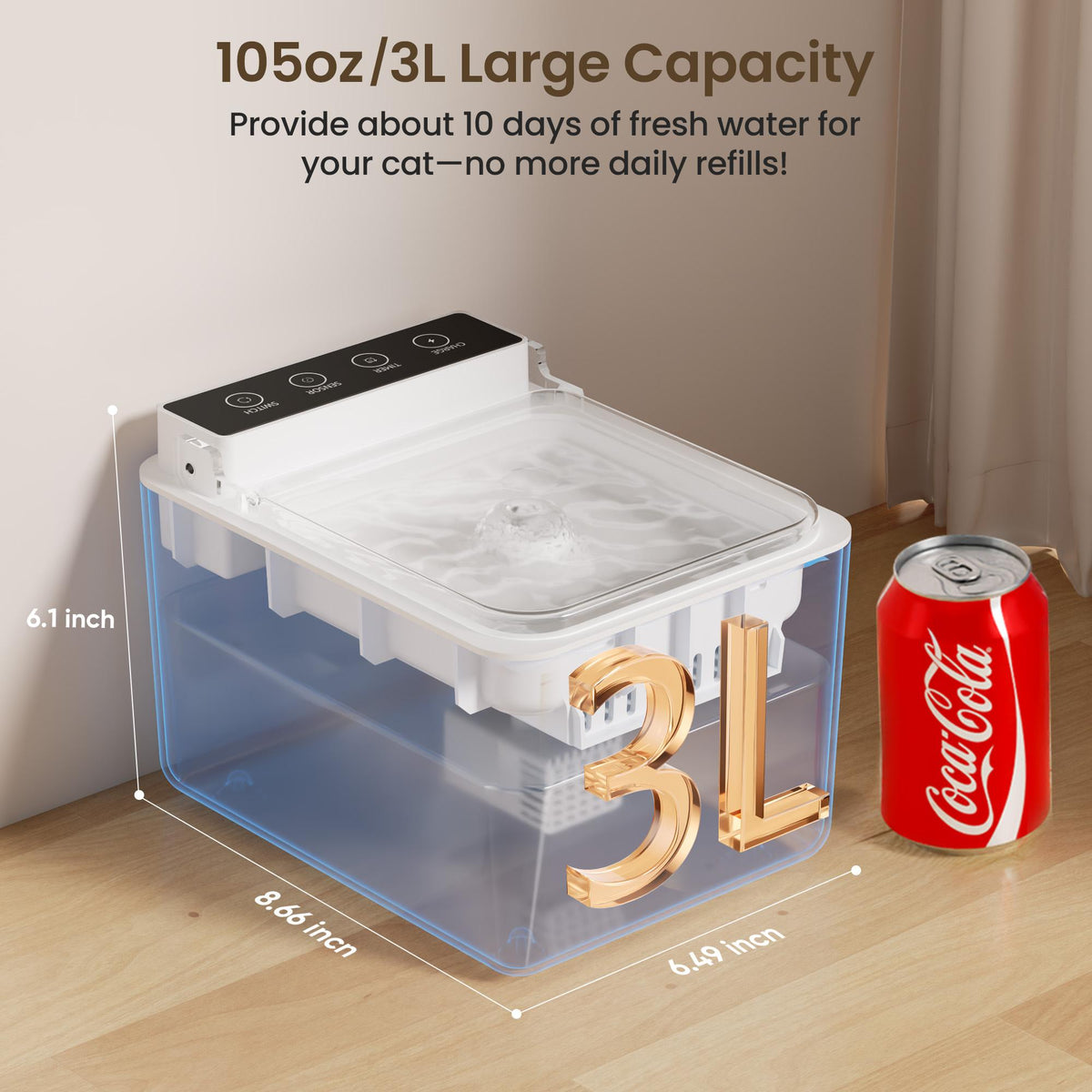 Wireless Rechargeable Stainless Steel Cat Water Fountain 3L