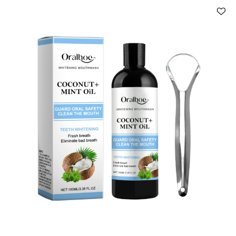 Coconut Mint Oil Pulling Mouthwash with Tongue Scraper for