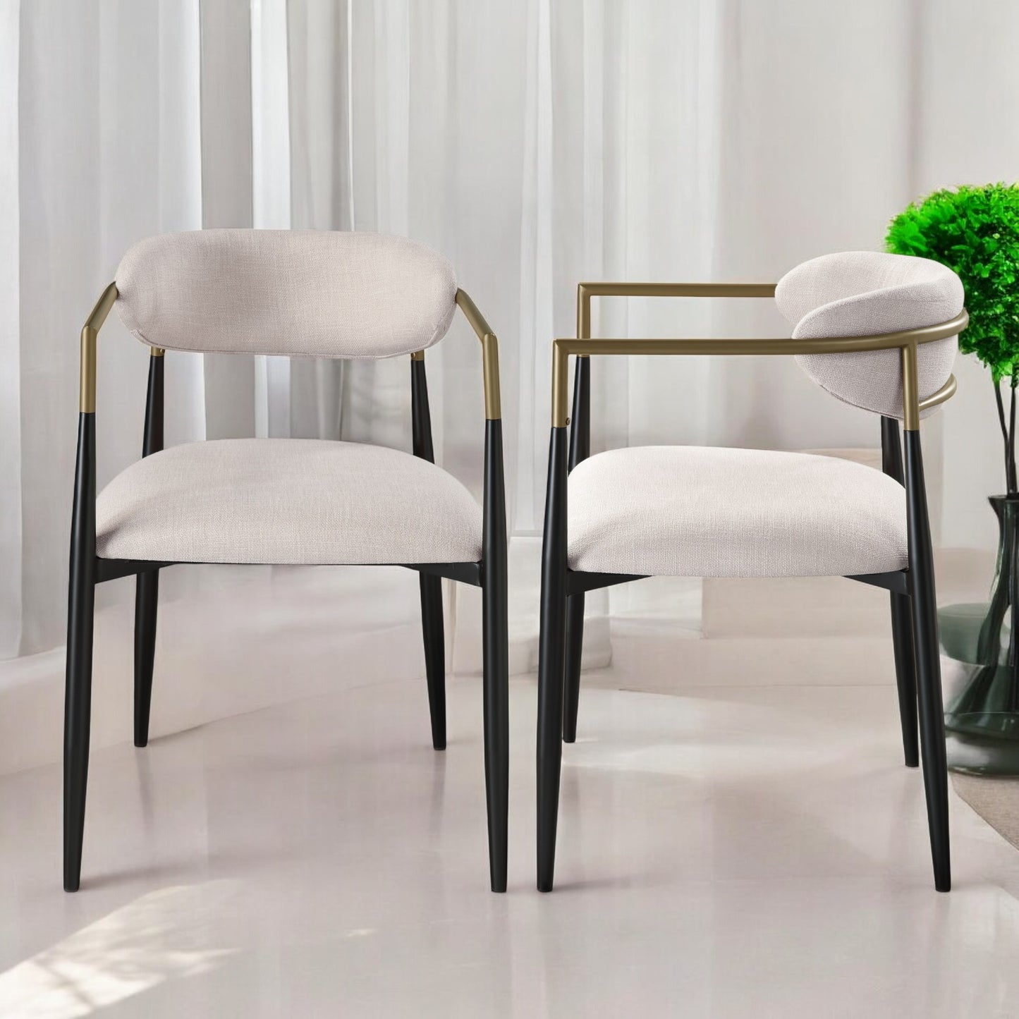 Beige Linen & Black Finish Side Chair Set of 2