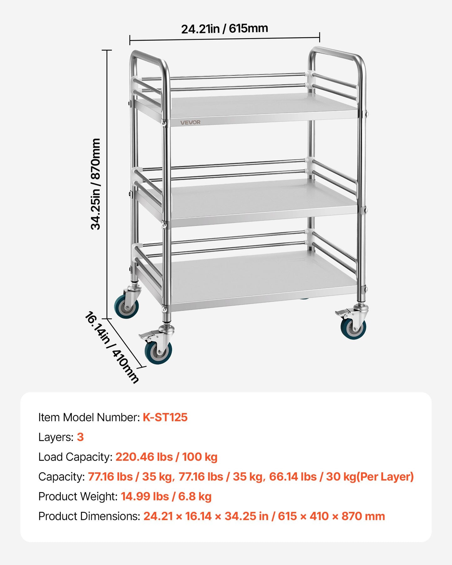 Stainless Steel Utility Cart with Locking Wheels - Heavy Duty 3-Tier Service Trolley