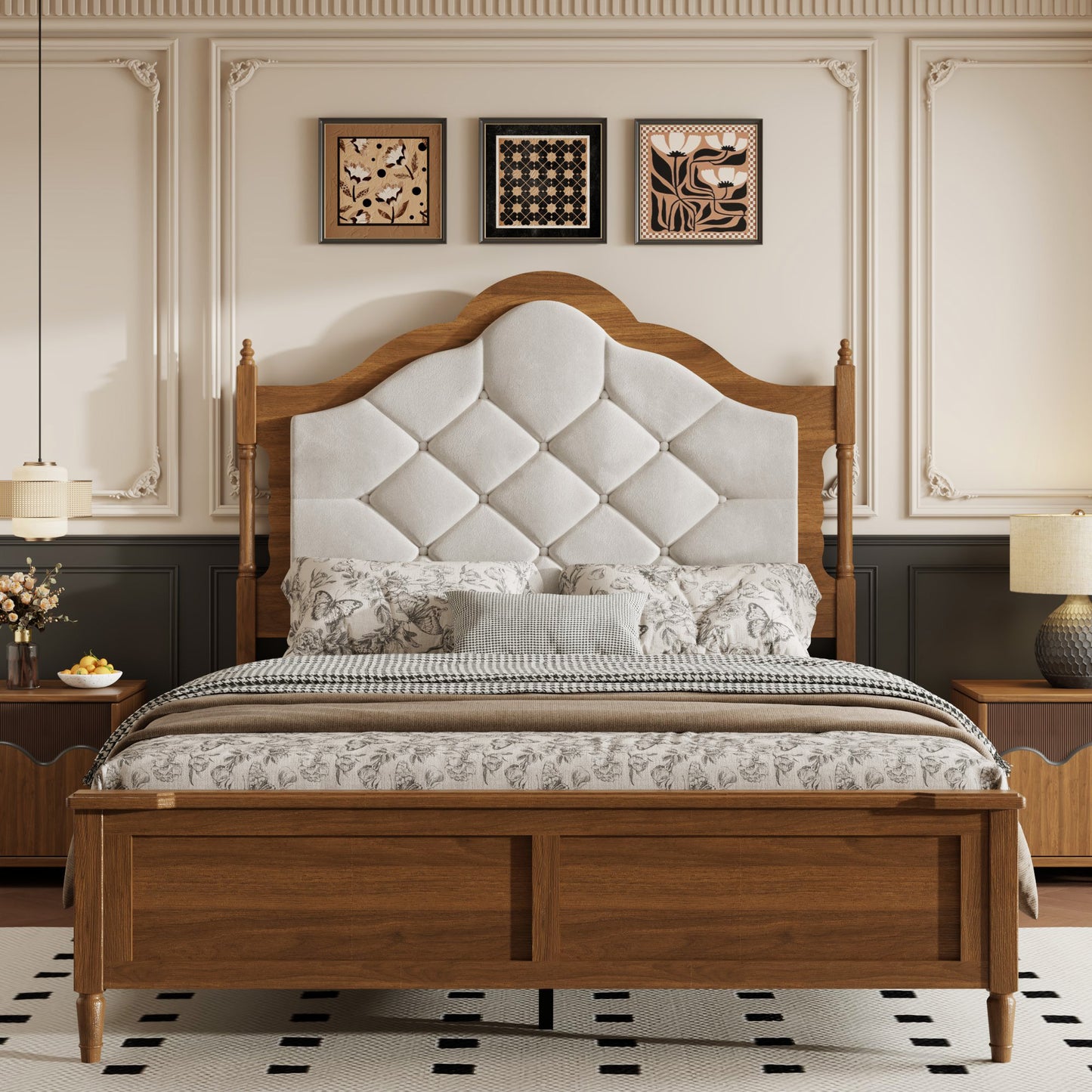 Queen Size Wood Platform Bed Frame with Upholstered Headboard, Brown