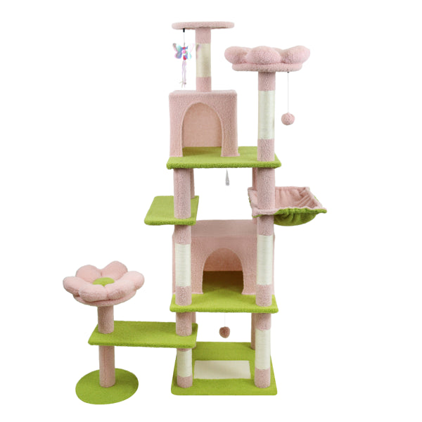 Pink 71-Inch Cat Tree with Condo, Removable Flower Cushion & Hammock