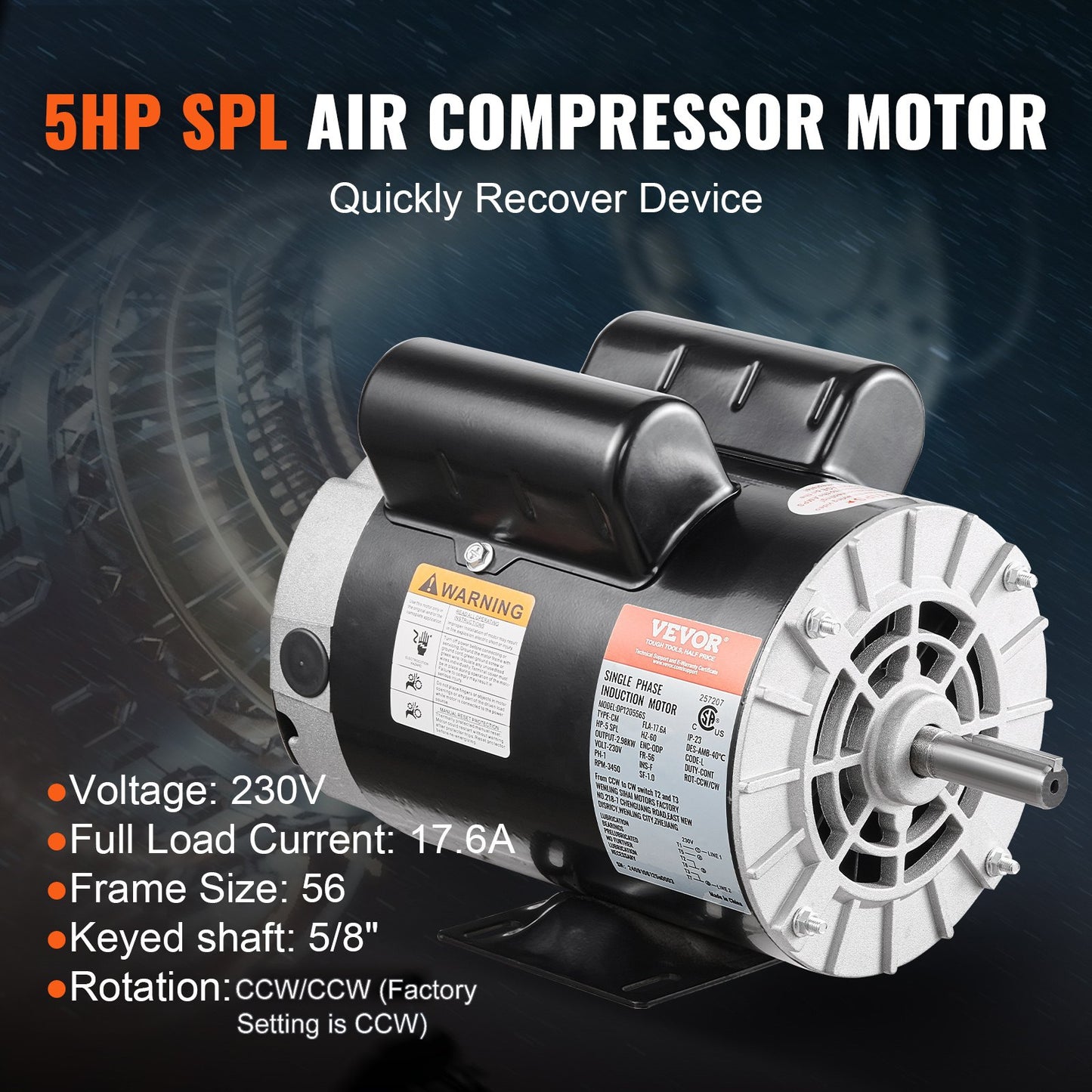 5HP SPL Air Compressor Motor 230V 17.6A 3450RPM 56 Frame Black