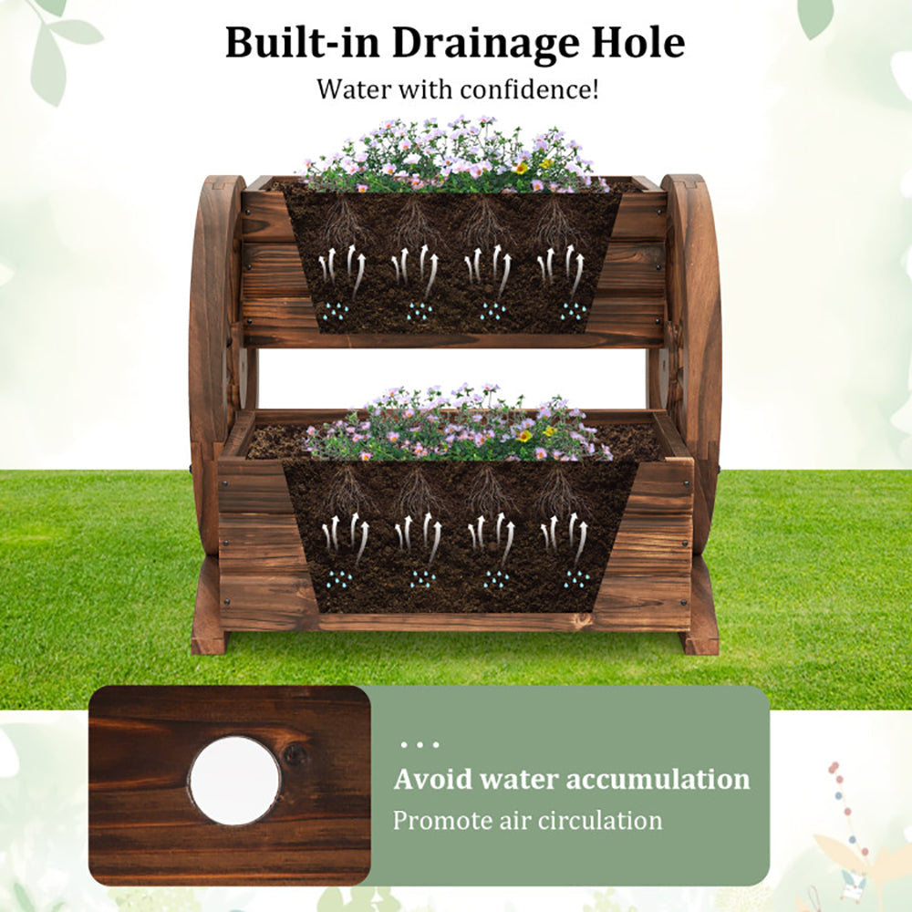2-Tier Rustic Wood Garden Bed with Drainage & Wheels - Coffee