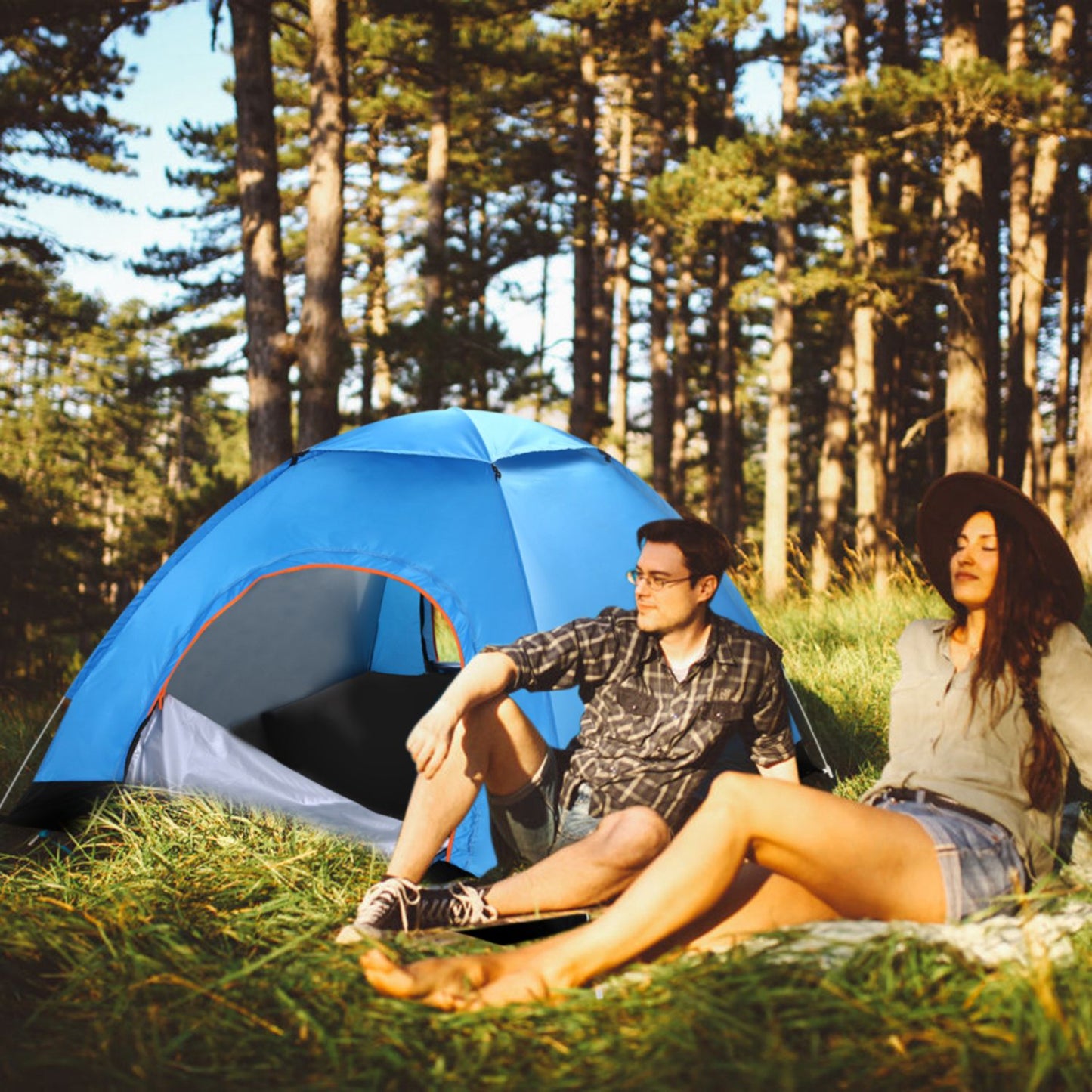 4-Person Waterproof Camping Tent with Mosquito Net - Blue