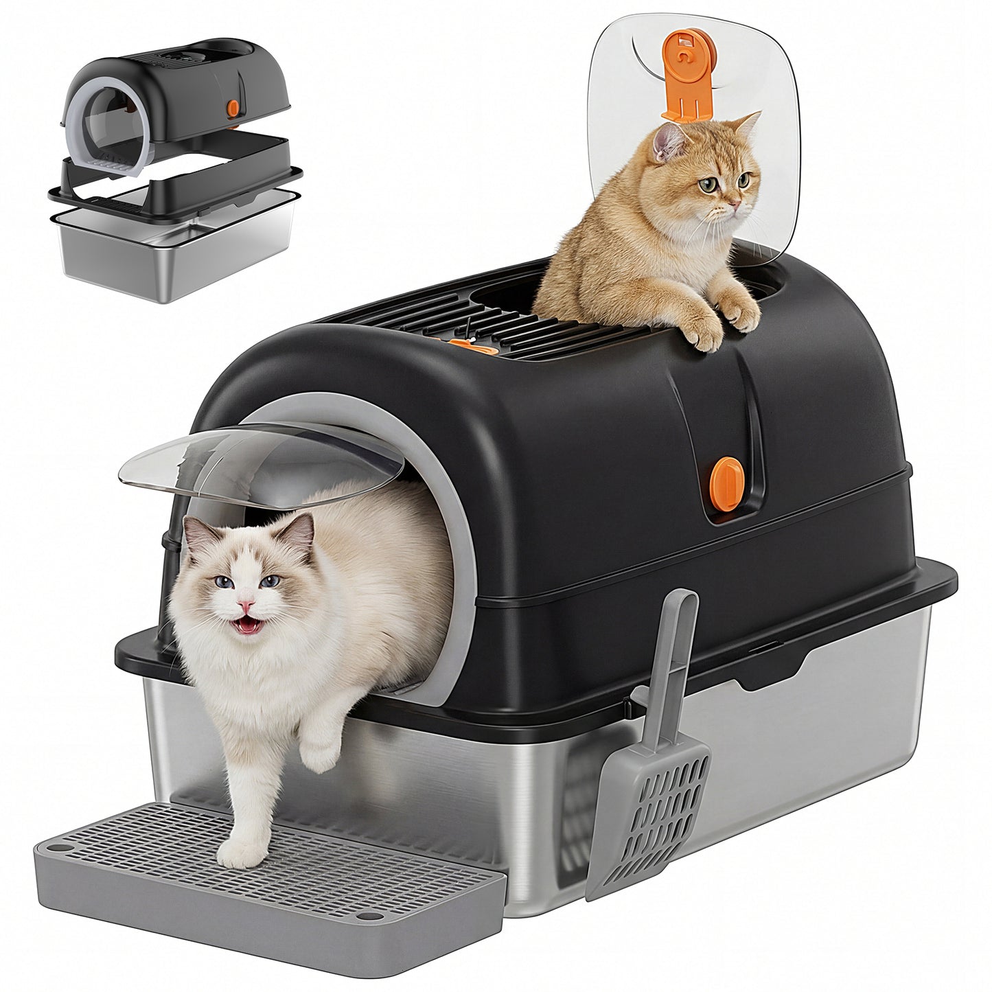 Double-Entry Convertible Cat Litter Box with Lid and Storage