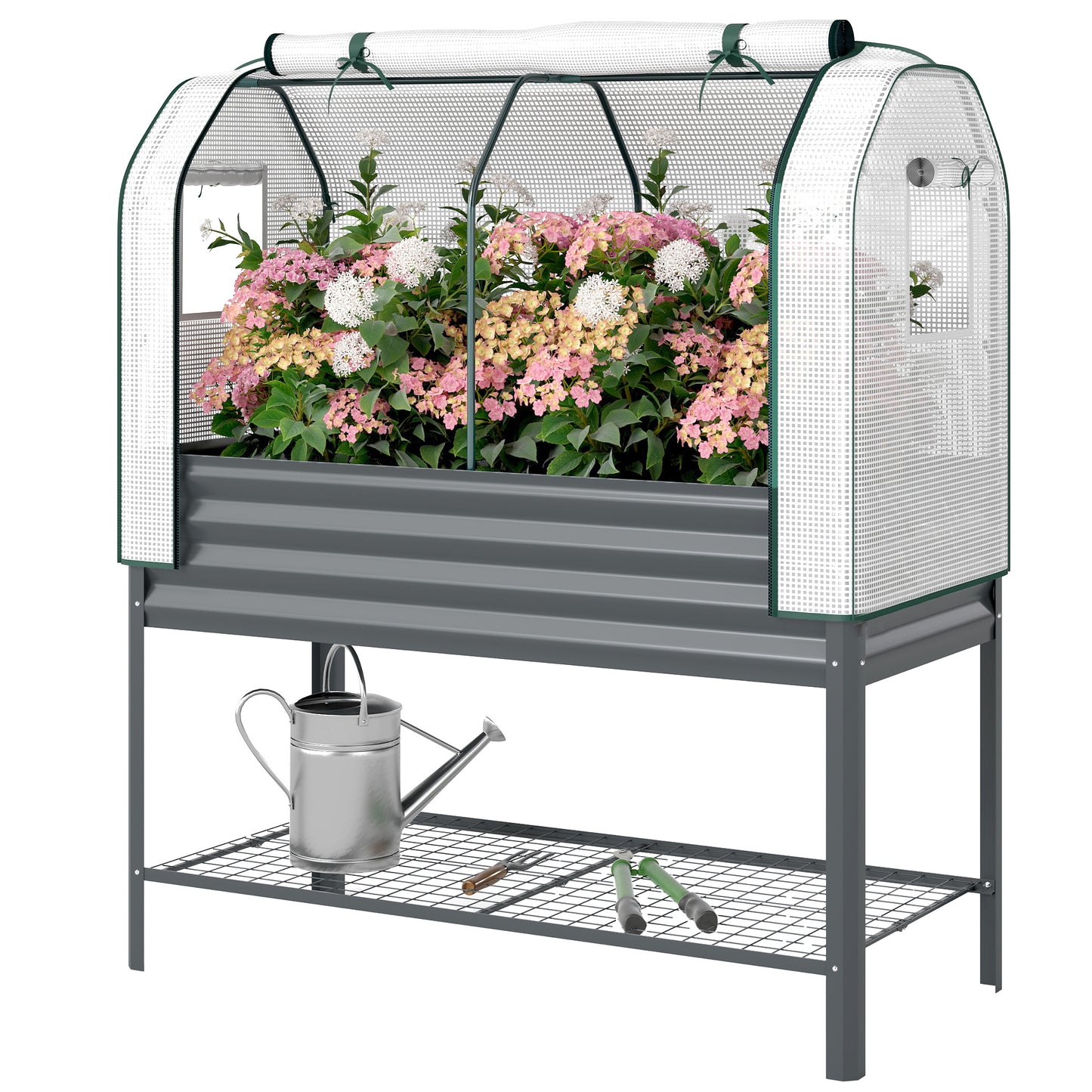 Galvanised Raised Garden Bed with Greenhouse Cover - Metal Elevated Planting Box, Dark Gray 1330x370x120mm
