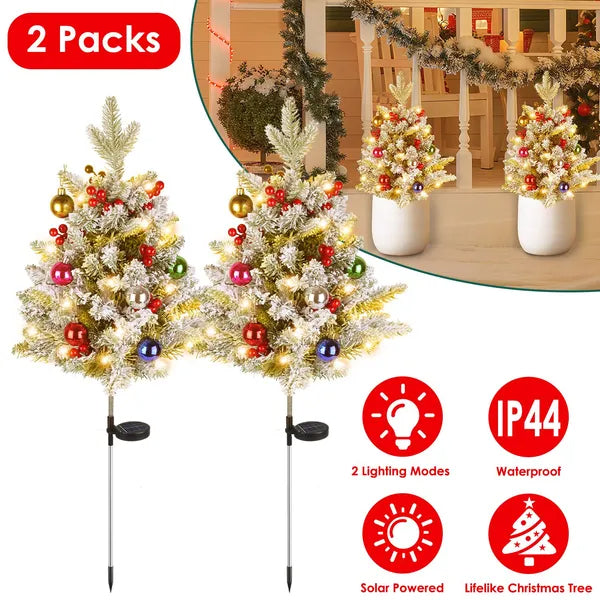 Solar Powered LED Christmas Tree Urn Filler with Berries Decor