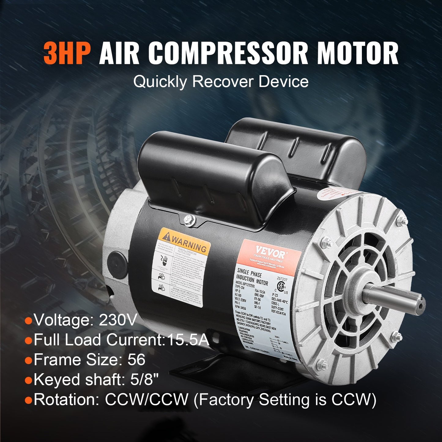 3HP 230V Electric Motor for Air Compressors 56 Frame CW/CCW Rotation