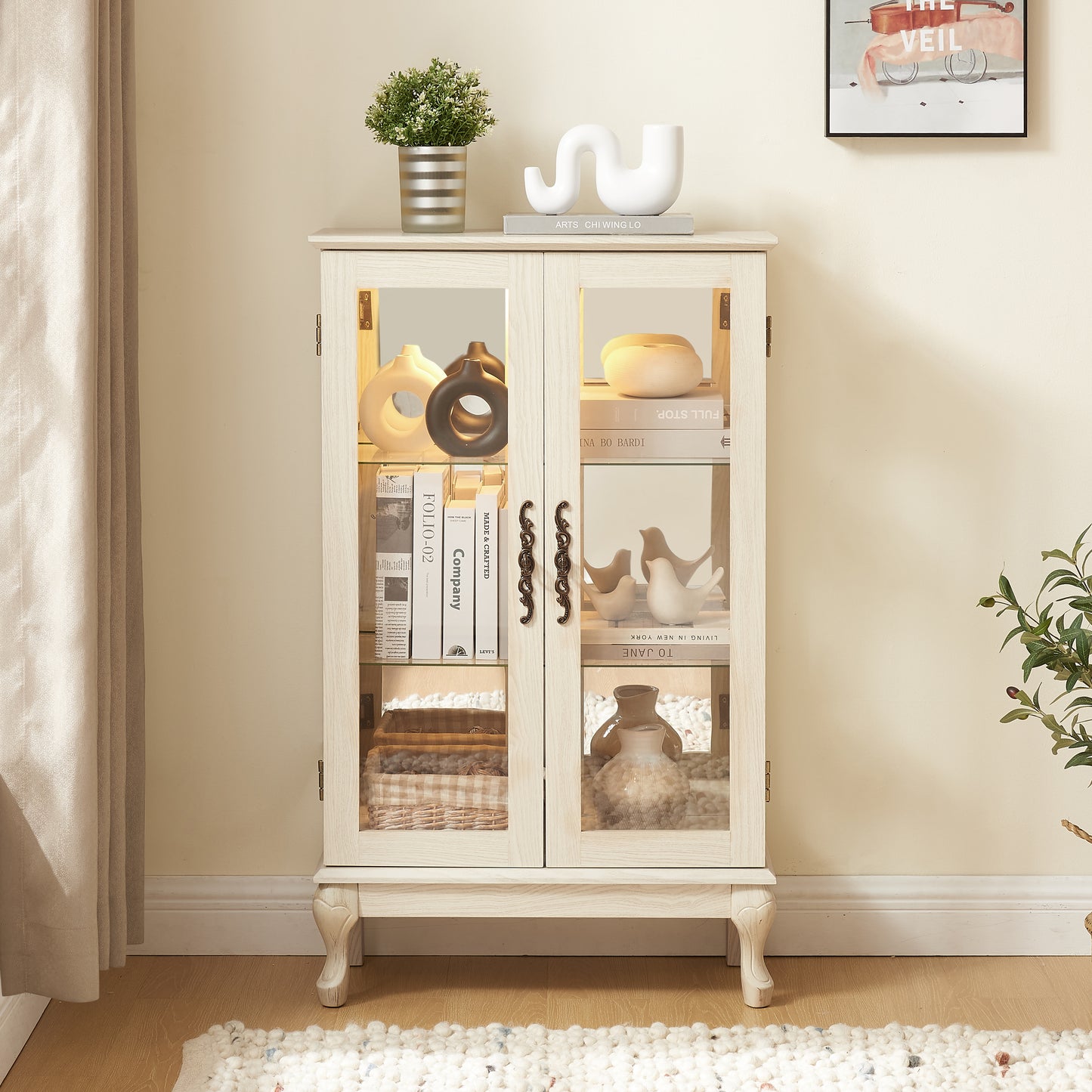 2-Door Lighted Curio Cabinet with Tempered Glass - White