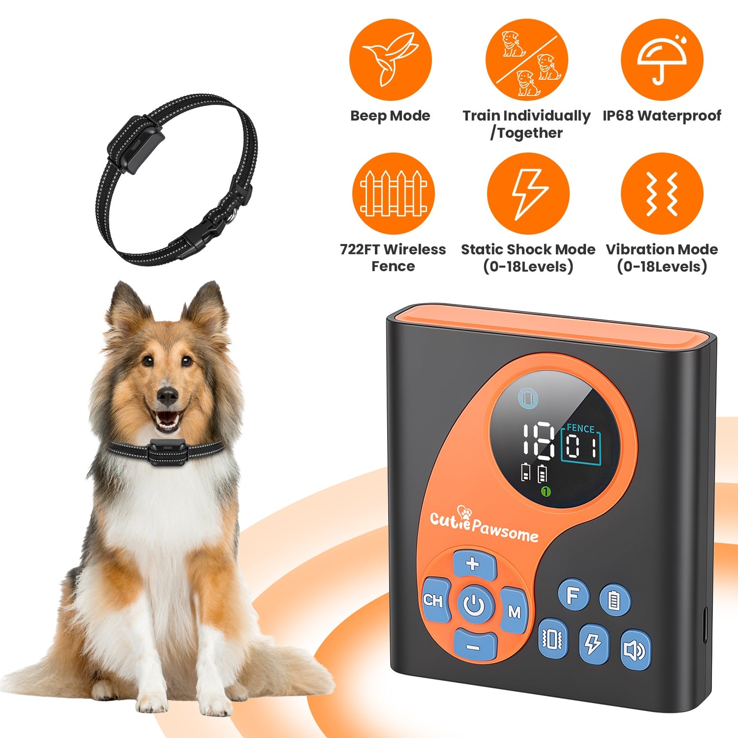 Wireless Dog Fence System with Training Collar, Waterproof, Adjustable Range 722FT