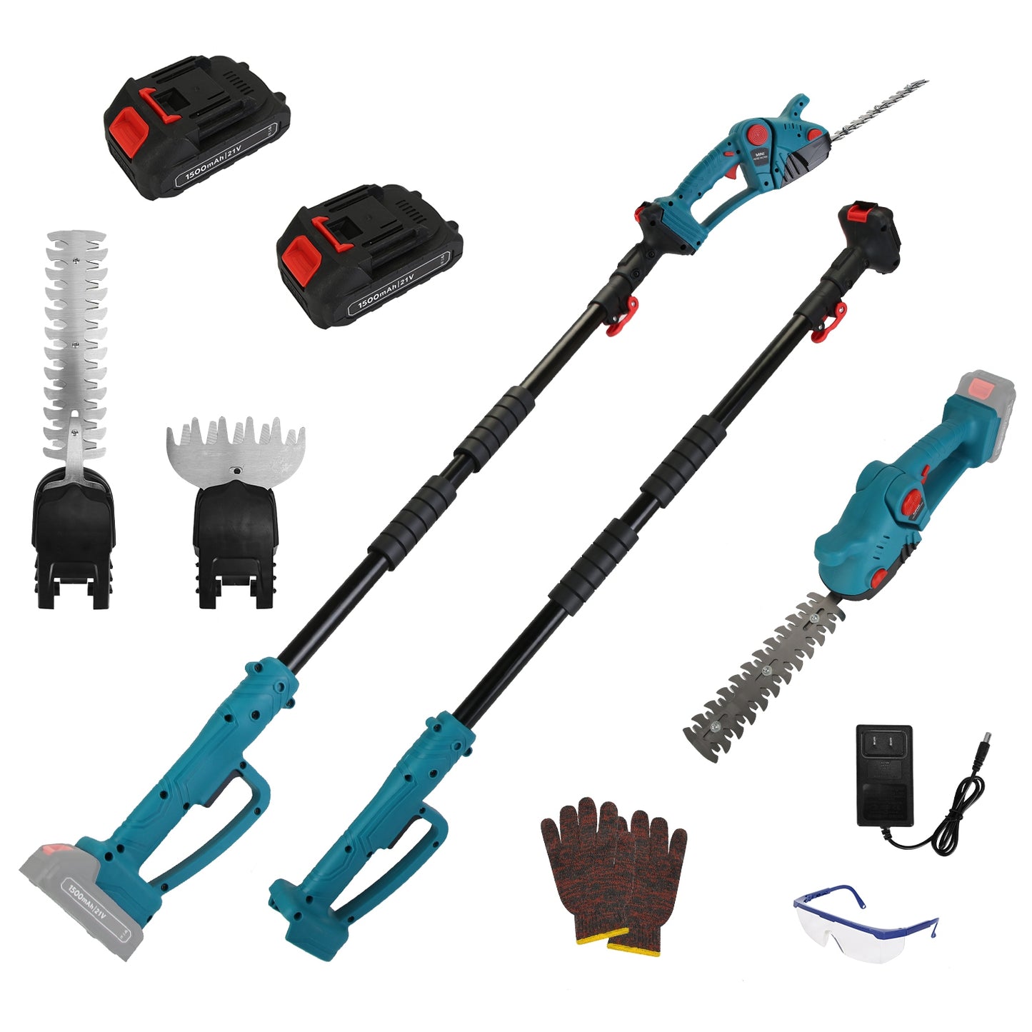 Cordless Multi-Function Hedge Trimmer with Telescopic Pole & Batteries - Blue
