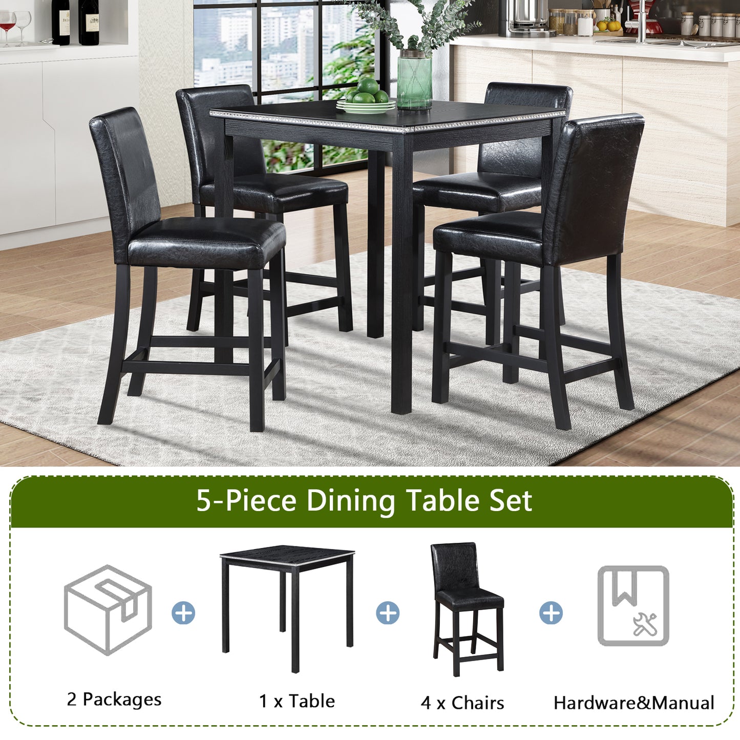 5-Piece Counter Height Dining Table Set with Upholstered Chairs