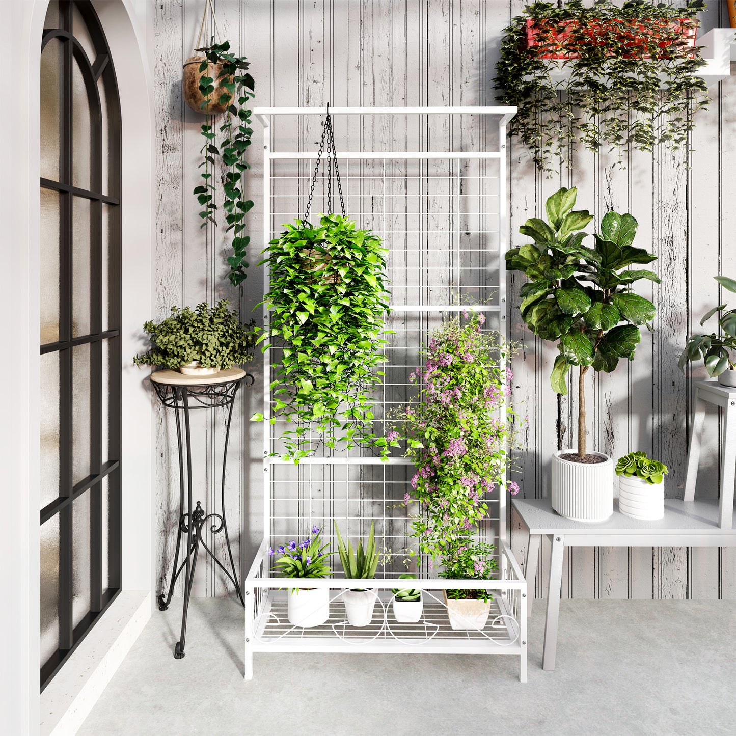 Tall Metal Plant Stand with Trellis and Hanging Bar, Indoor Outdoor Garden Display, White, 74 Inches