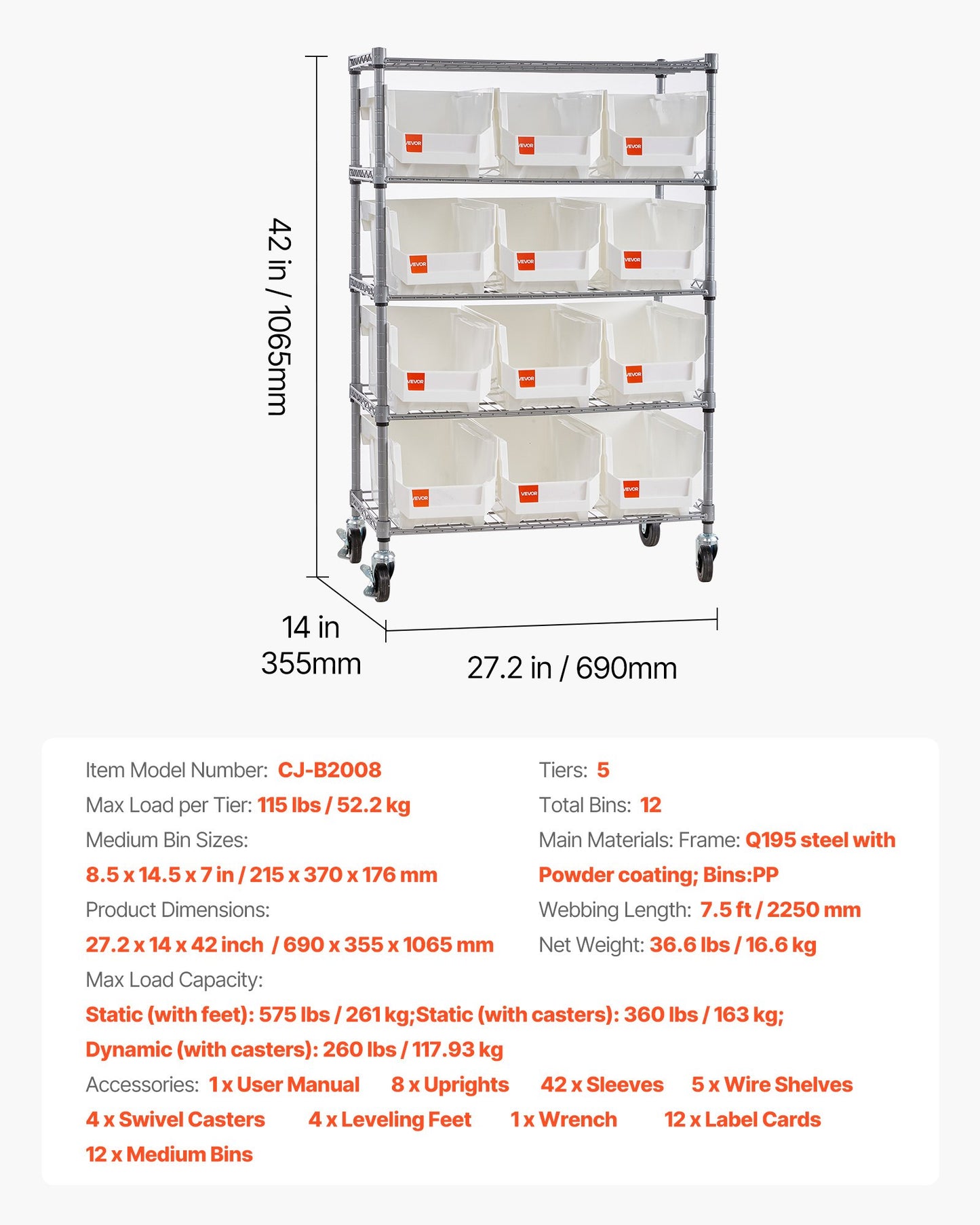 5-Tier Rolling Storage Rack with 12 Bins for Garage & Warehouse